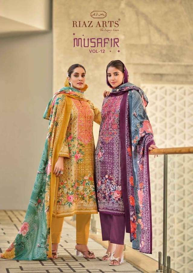 MUSAFIR VOL-12 BY RIAZ ARTS 17001 TO 17008 SERIES PURE KARACHI LAWN WORK PAKISTANI DRESSES