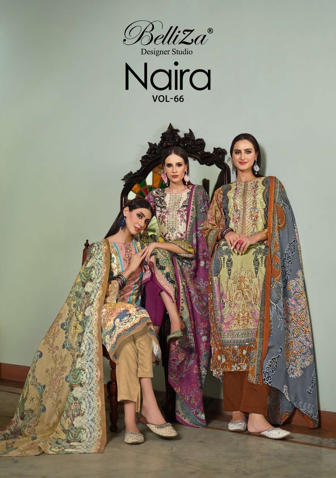 NAIRA VOL-66 BY BELLIZA 948-001 TO 948-008 SERIES PURE COTTON PRINT WORK PAKISTANI DRESSES