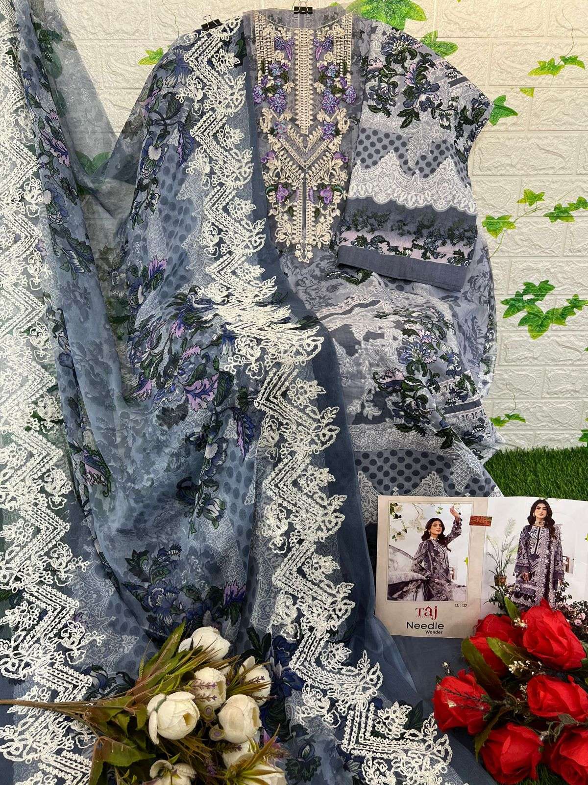 NEEDLE WONDER 122 HIT DESIGN BY TAJ CREATION PURE COTTON PRINT WORK PAKISTANI DRESS