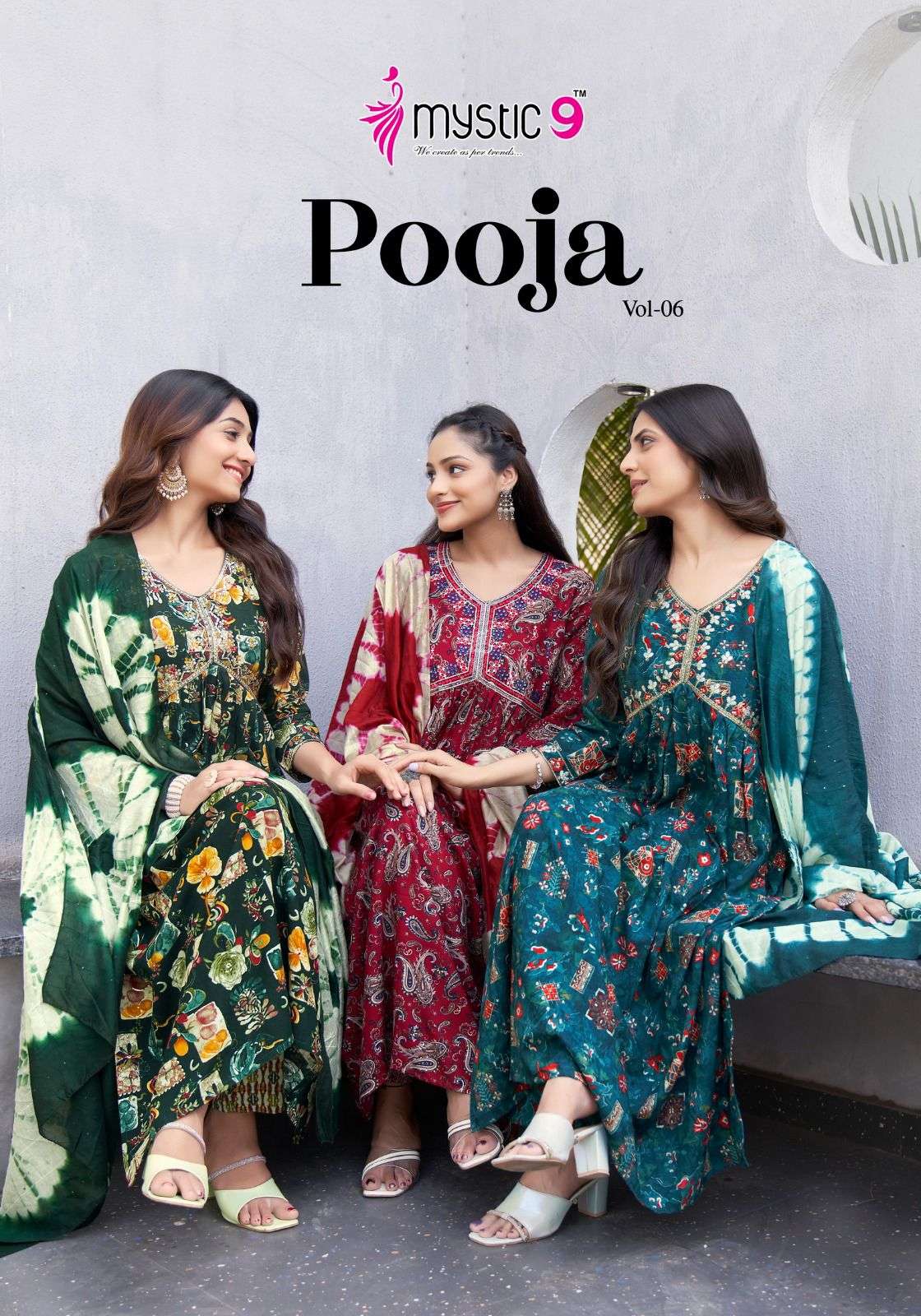 POOJA VOL-6 BY MYSTIC9 6001 TO 6008 SERIES RAYON PRINT WORK READYMADE DRESSES