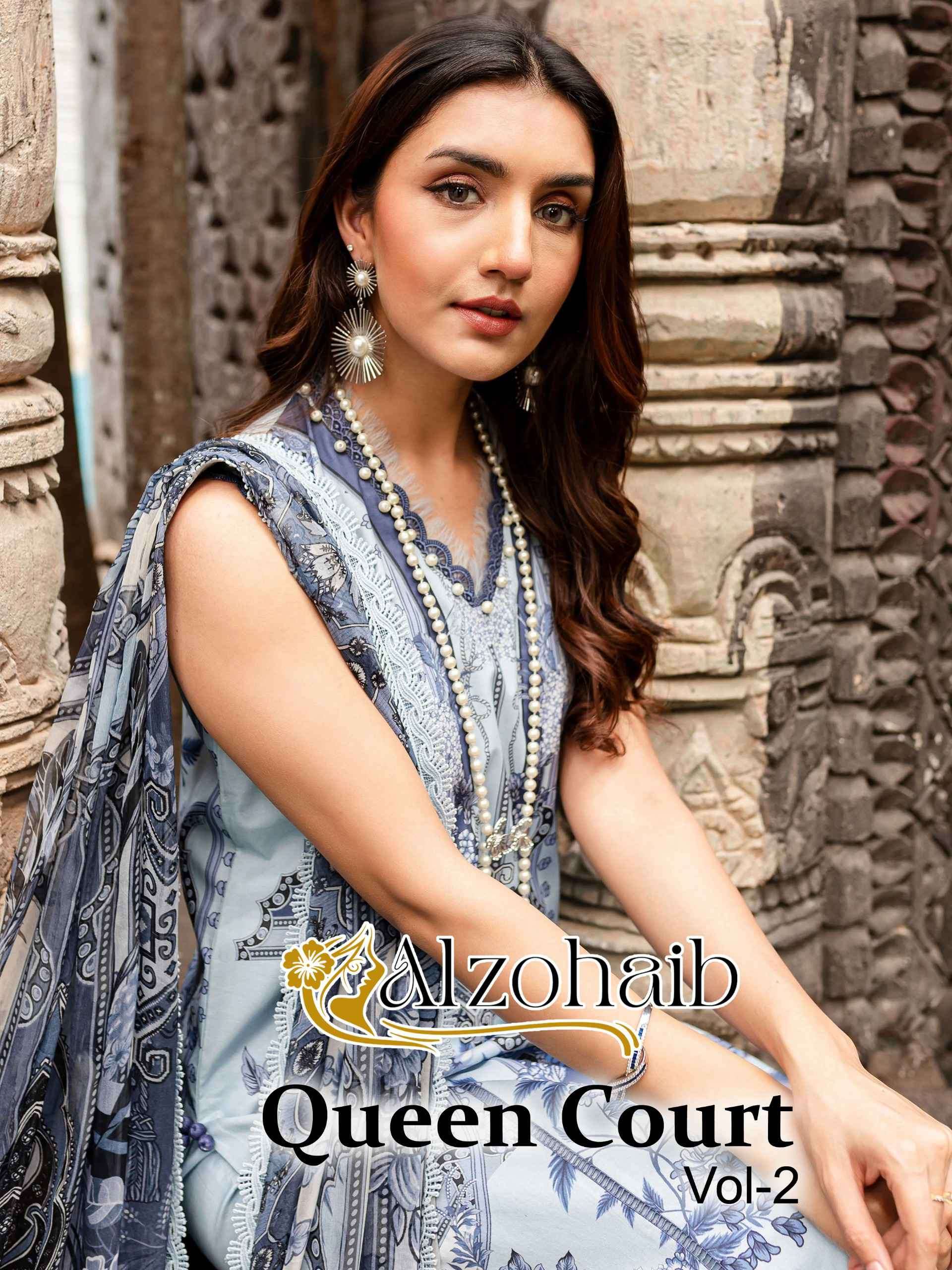 QUEENS COURT VOL-2 BY ALZOHAIB 1039 TO 1043 SERIES COTTON PRINT WORK PAKISTANI DRESSES