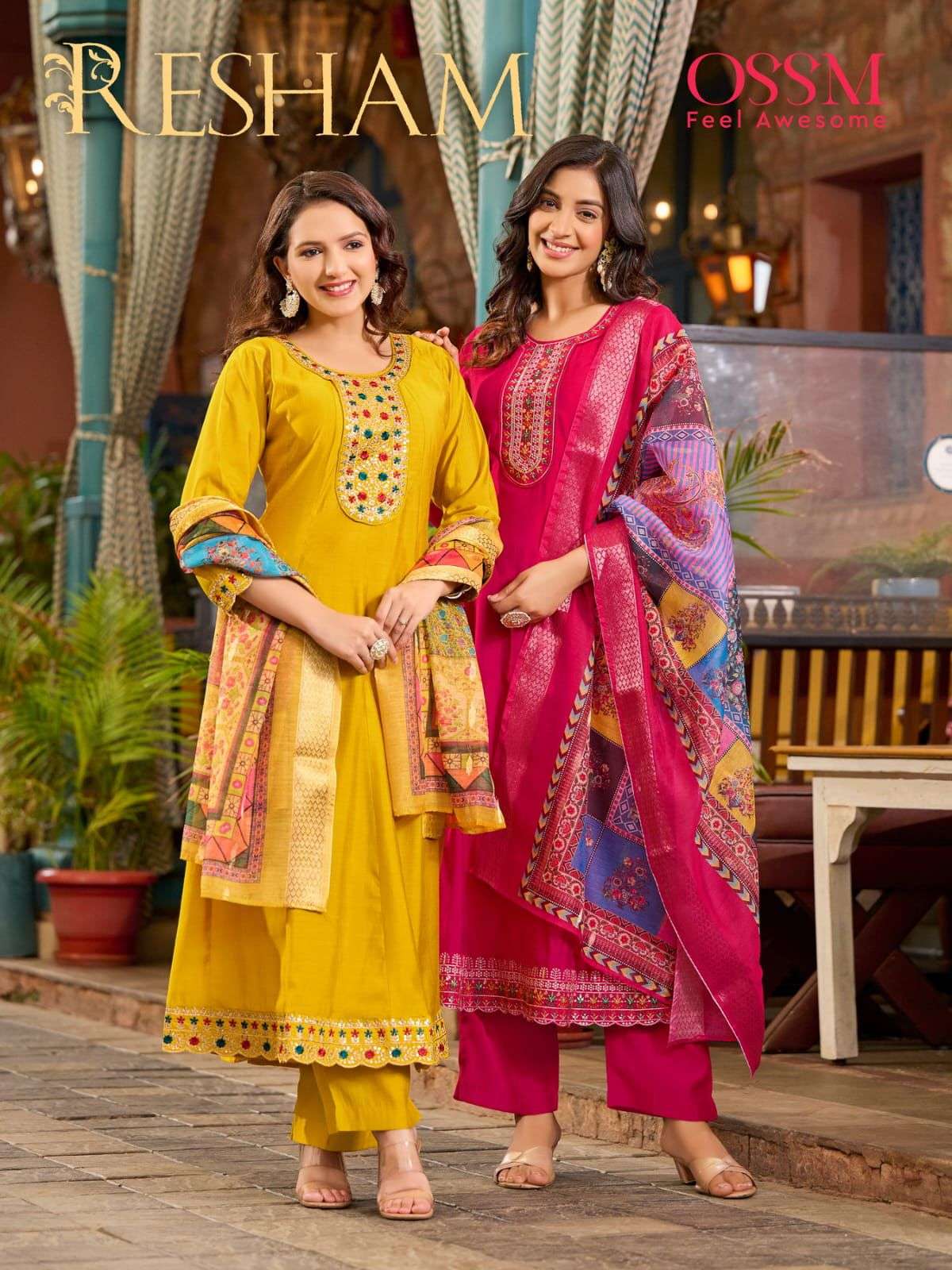 RESHAM BY OSSM 101 TO 106 SERIES VISCOSE ROMAN SILK EMBROIDERY READYMADE DRESSES