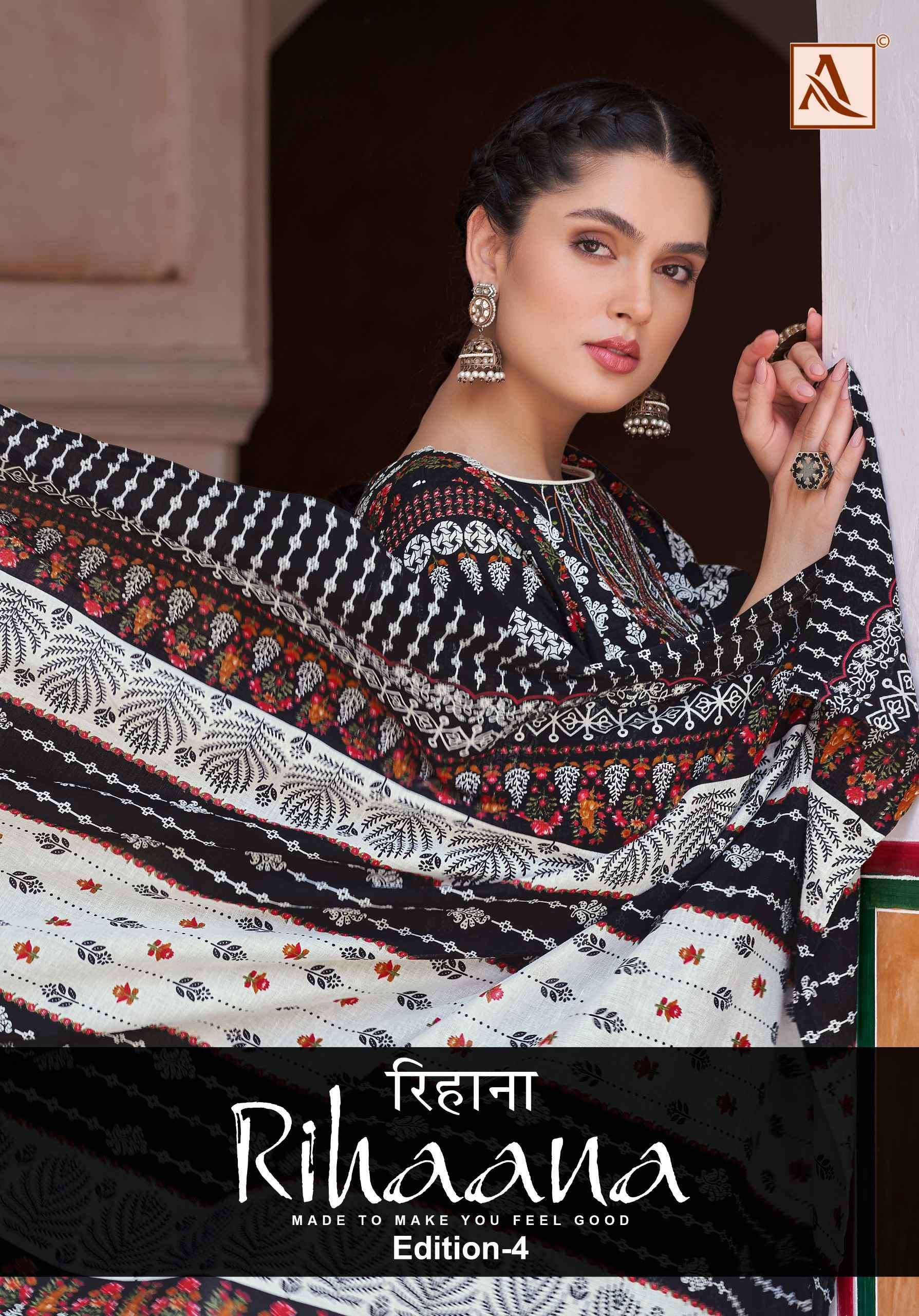 RIHAANA VOL-4 BY ALOK SUIT 1599-001 TO 1599-008 SERIES CAMBRIC COTTON PRINT WORK PAKISTANI DRESSES