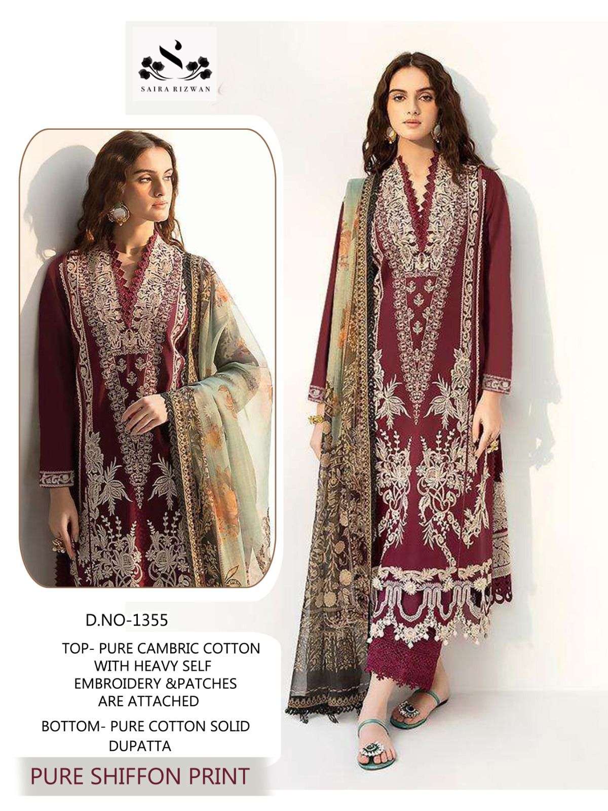 SAIRA RIZWAN 1355 HIT DESIGN BY AQSAWHOLESALE PURE LAWN WORK PAKISTANI DRESS