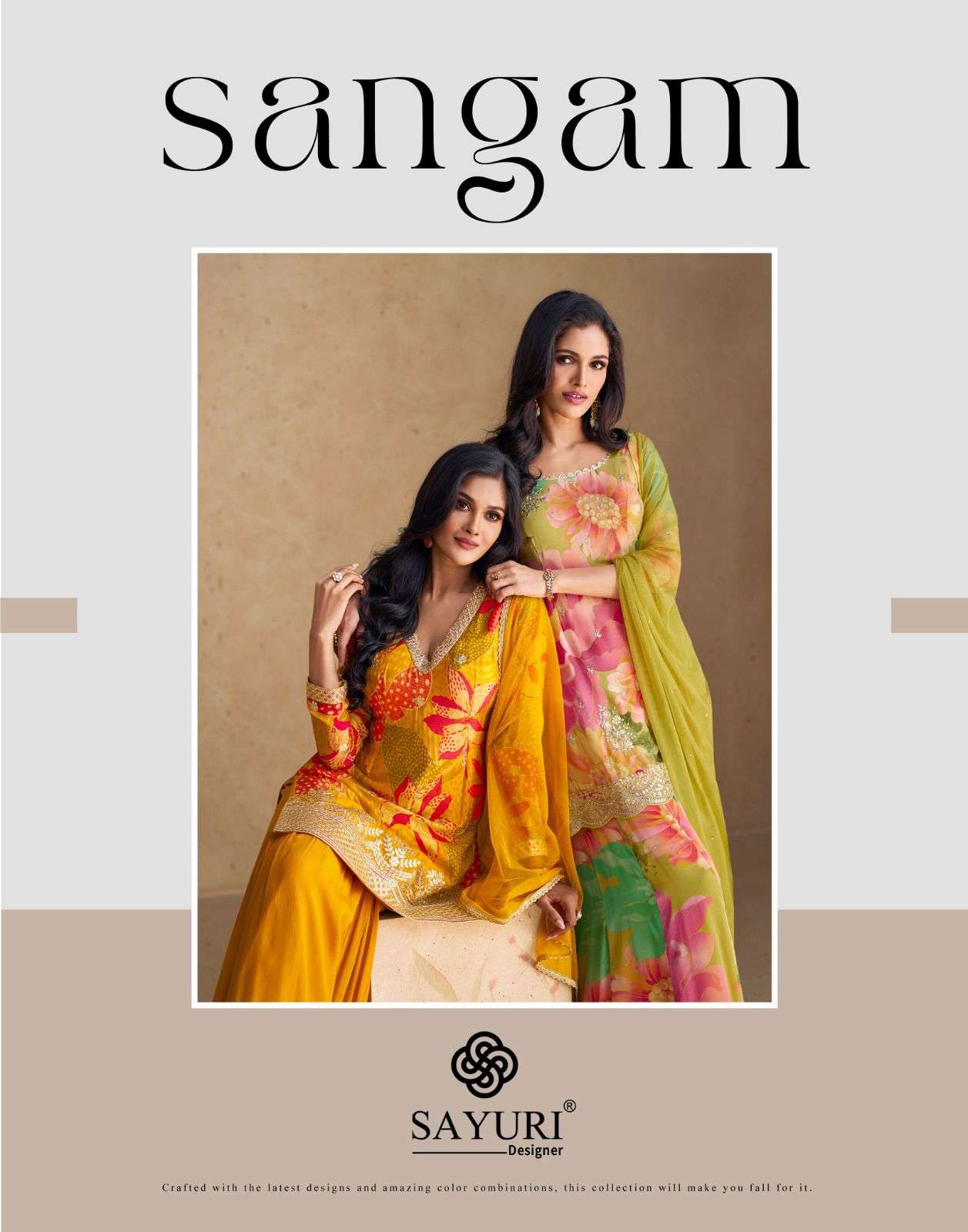 SANGAM BY SAYURI 5538 TO 5542 SERIES CHINON SILK EMBROIDERY WORK READYMADE DRESSES