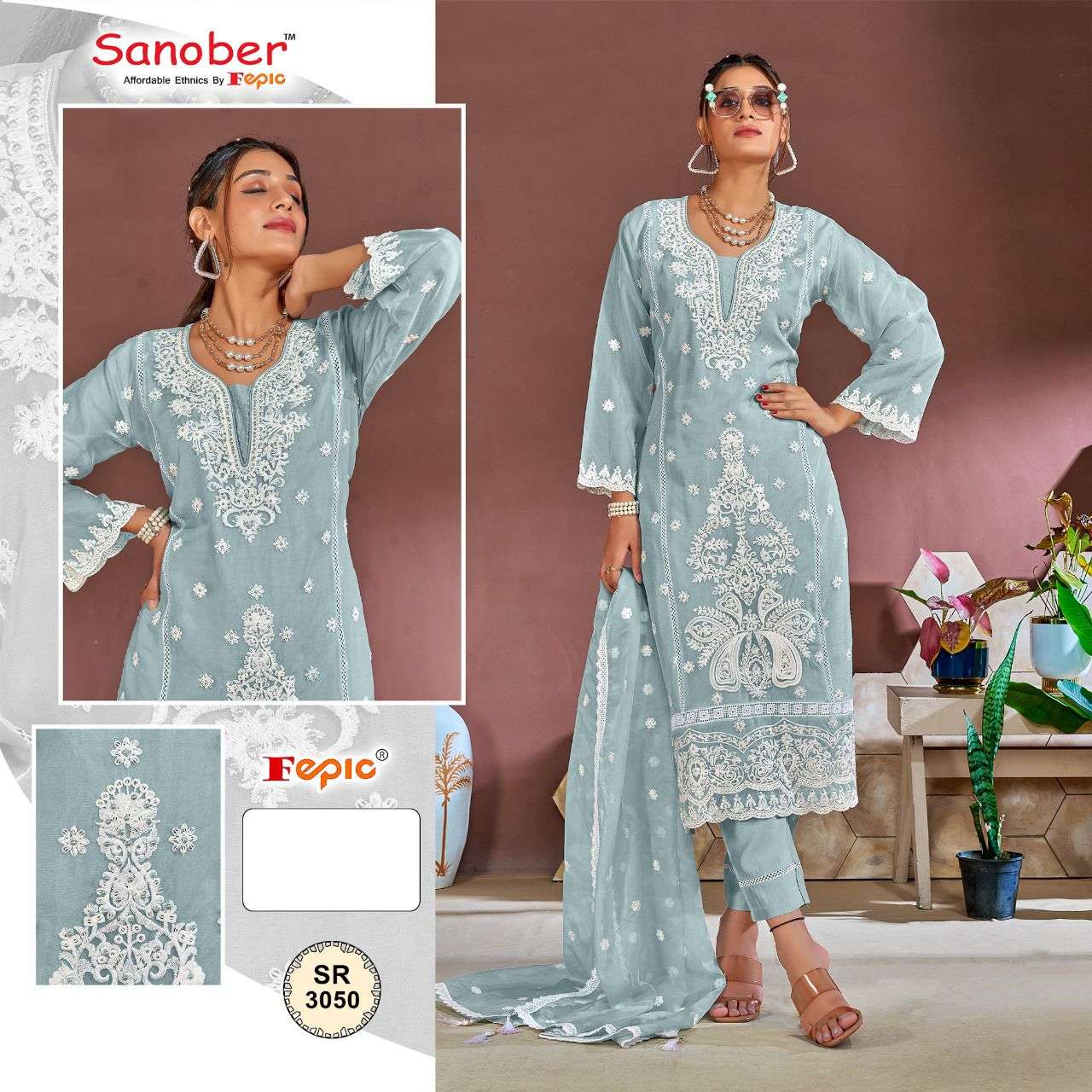 SANOBER 3050-A TO 3050-C SERIES BY FEPIC ORGANZA EMBROIDERY WORK READYMADE DRESSES