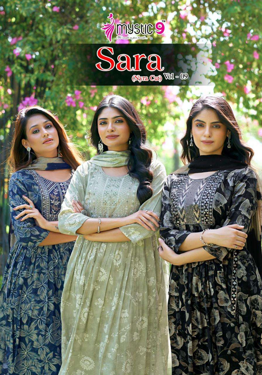 SARA VOL-9 BY MYSTIC9 9001 TO 9008 SERIES RAYON PRINT EMBROIDERY READYMADE DRESSES