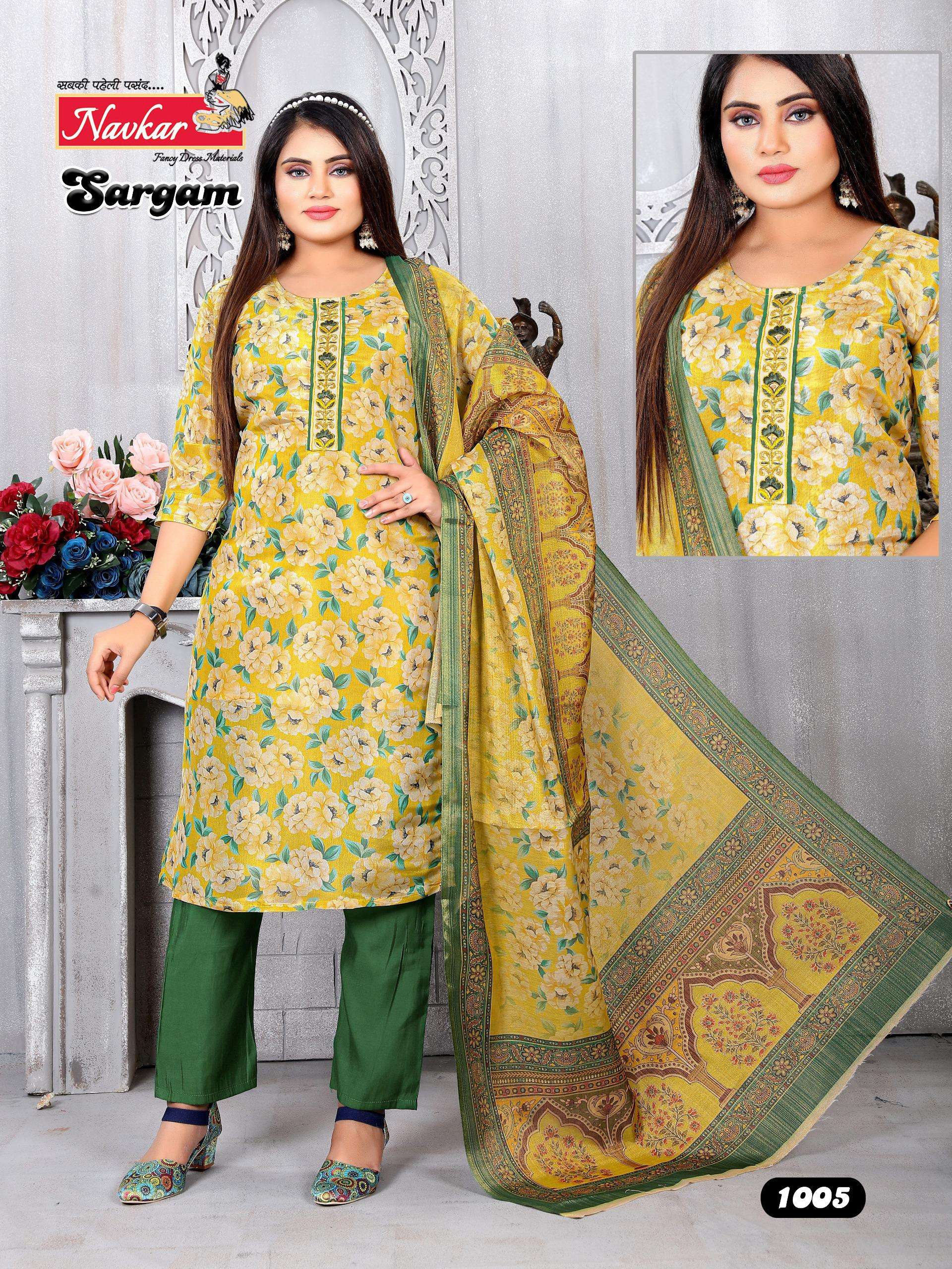 SARGAM VOL-1 BY NAVKAR 1001 TO 1008 SERIES ROMAN SILK PRINT WORK READYMADE DRESSES