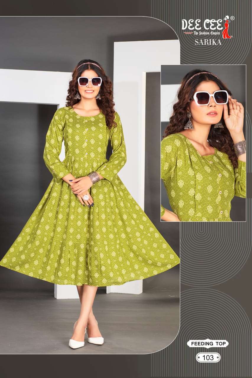 SARIKA BY DEE CEE 101 TO 106 SERIES RAYON PRINT KURTIS