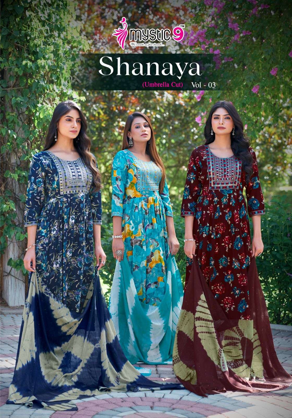 SHANAYA VOL-3 BY MYSTIC9 3001 TO 3006 SERIES RAYON PRINT WORK READYMADE DRESSES