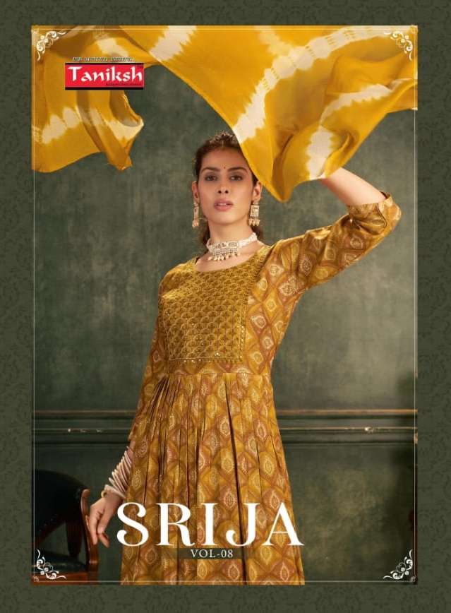 SRIJA VOL-8 BY TANIKSH 8001 TO 8008 SERIES RAYON PRINT WORK READYMADE DRESSES