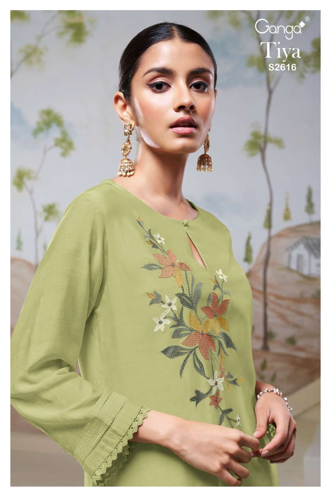 TIYA BY GANGA FASHIONS 2616-A TO 2616-D SERIES BEMBERG SILK EMBROIDERY WORK DRESSES