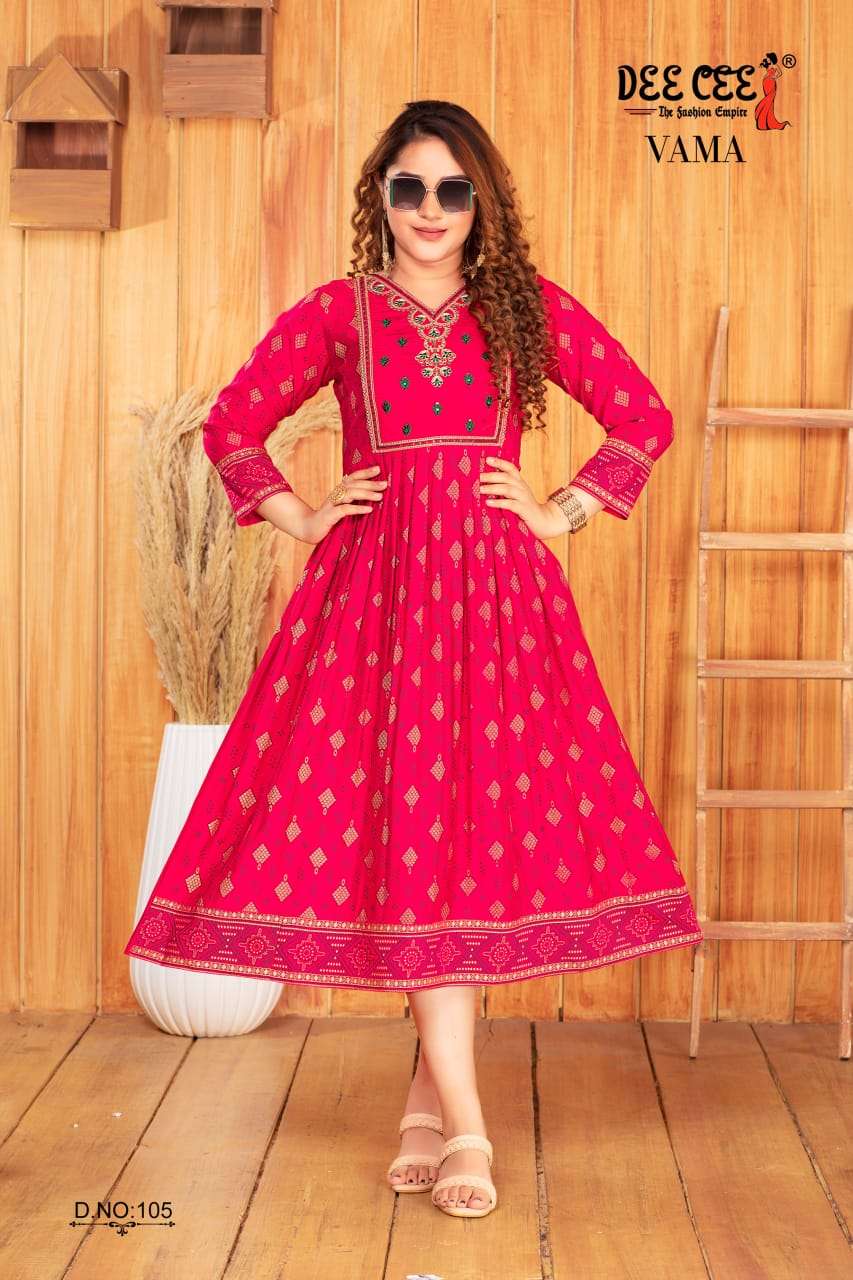 VAMA BY DEE CEE 101 TO 106 SERIES CHANDERI PRINT EMBROIDERY WORK KURTIS