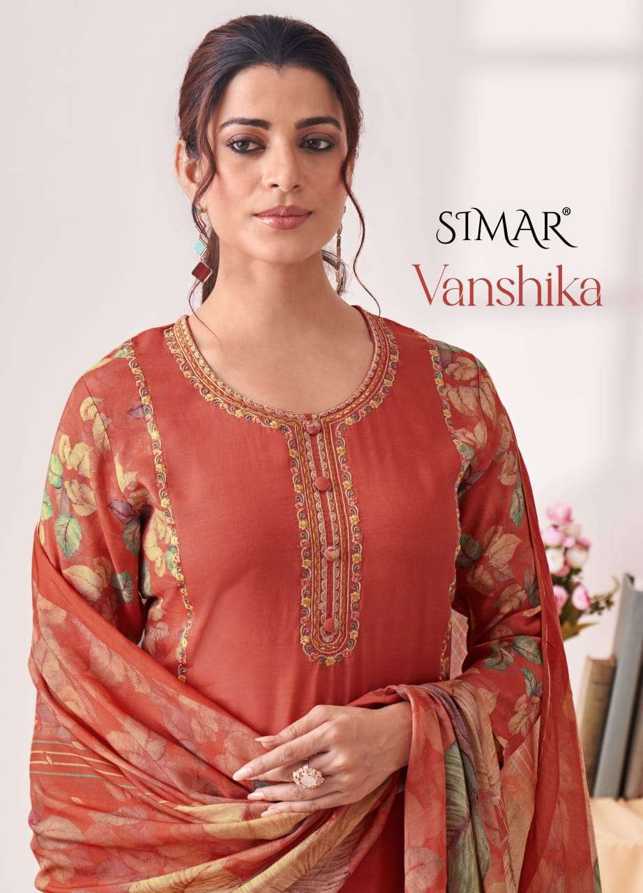 VANSHIKA BY SIMAR 6023-A TO 6023-D SERIES VISCOSE MUSLIN PRINT WORK DRESSES