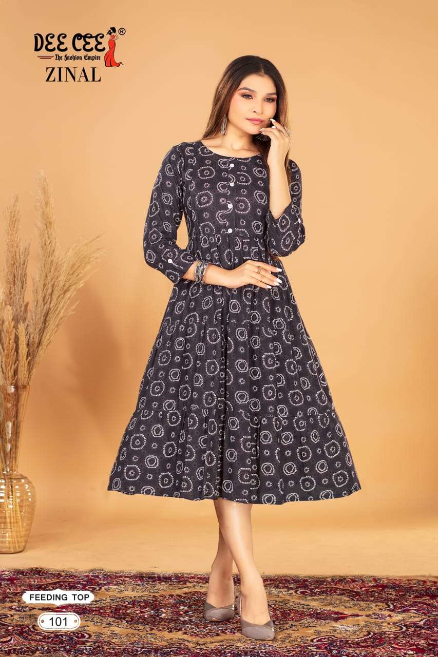 ZINAL BY DEE CEE 101 TO 106 SERIES RAYON PRINT WORK KURTIS