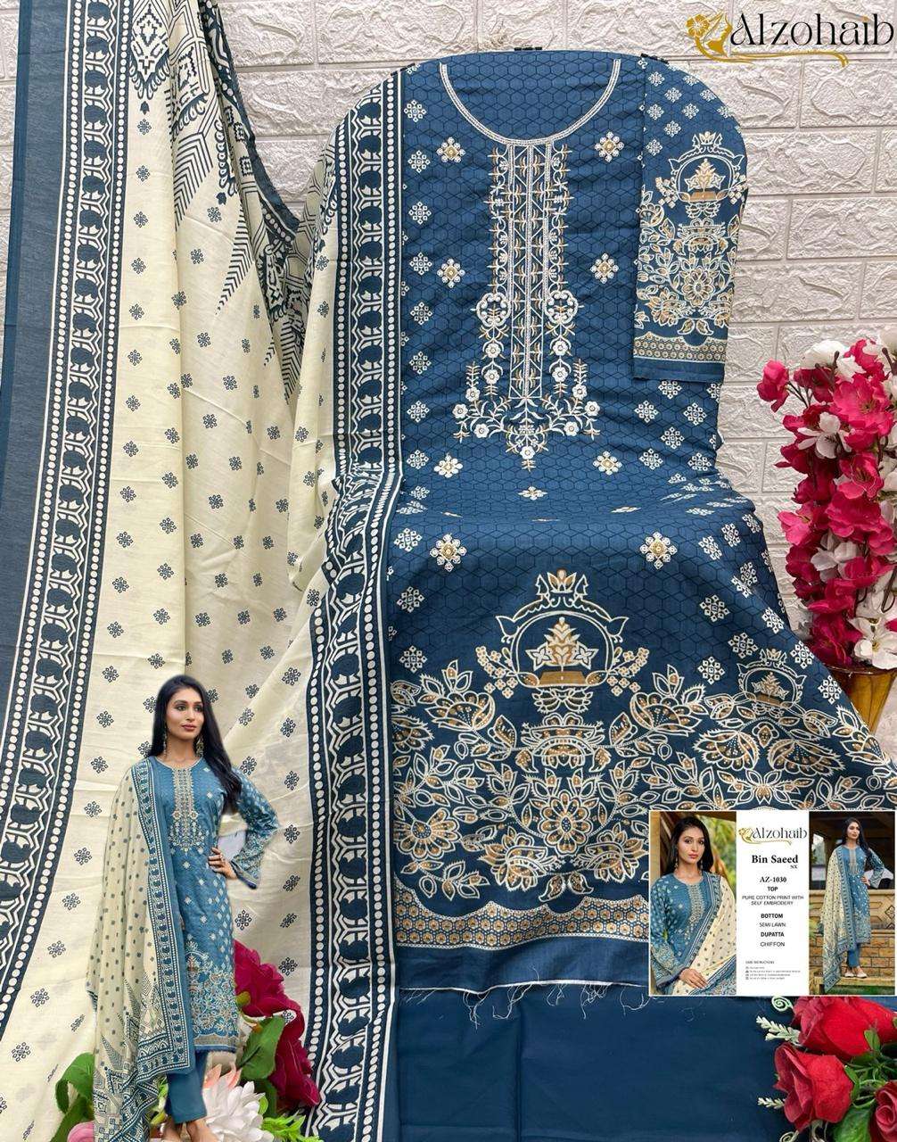 BIN SAEED NX BY ALZOHAIB 1029 TO 1031 SERIES PURE COTTON PRINT WORK PAKISTANI DRESSES