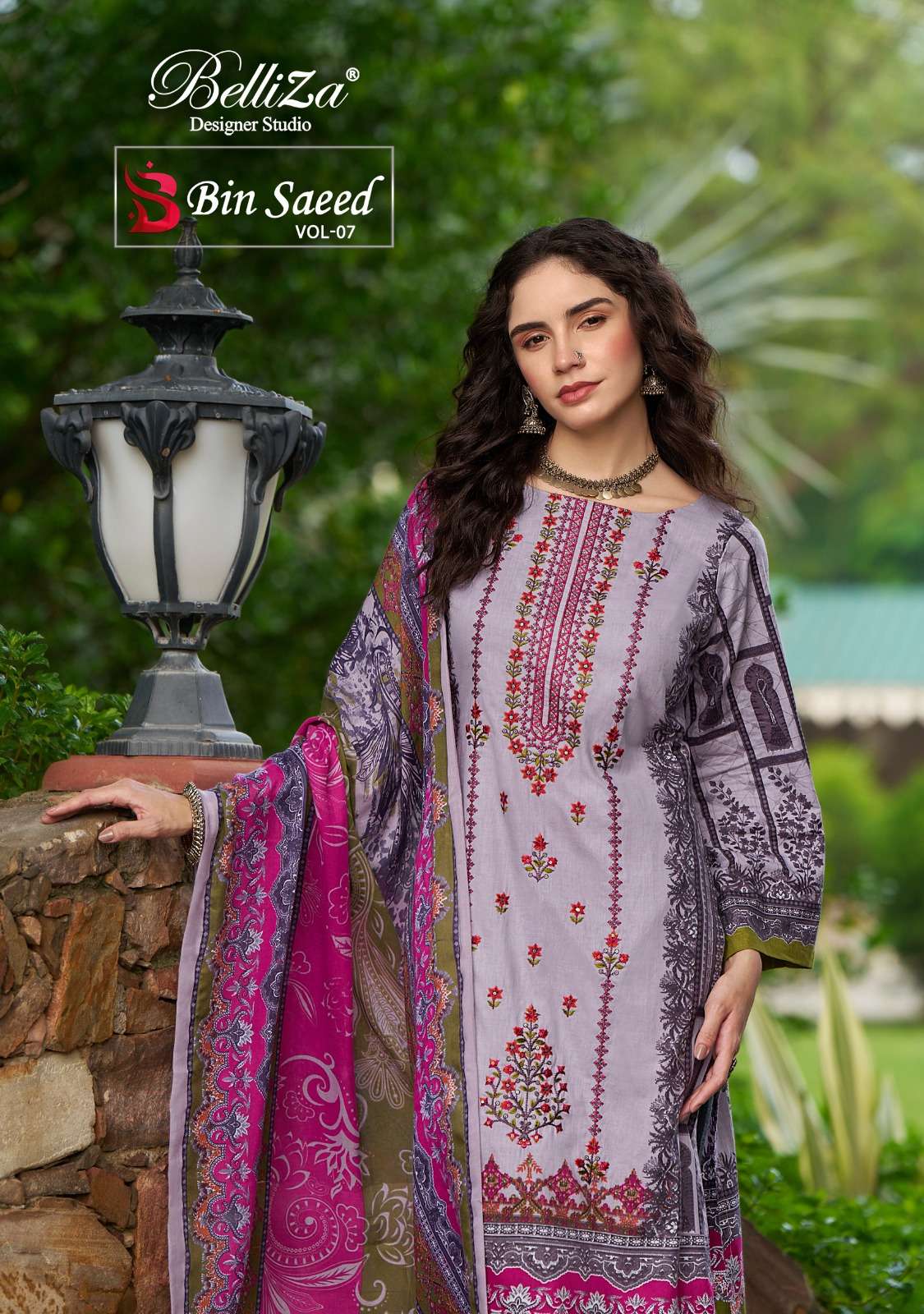 BIN SAEED VOL-7 BY BELLIZA 965-001 TO 965-008 SERIES PURE COTTON PRINT WORK PAKISTANI DRESSES