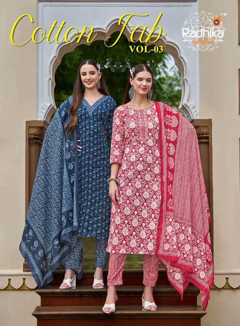 COTTON FAB VOL-3 BY RADHIKA LIFESTYLE 301 TO 3006 SERIES COTTON WORK READYMADE DRESSES