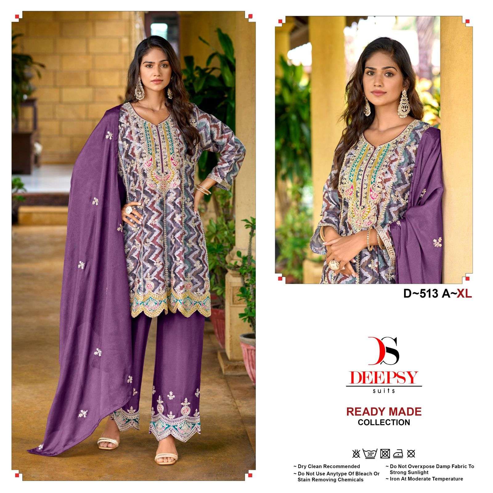 D-513 COLOURS BY DEEPSY SUITS 513-A TO 513-C SERIES PURE CHINON WORK READYMADE DRESSES