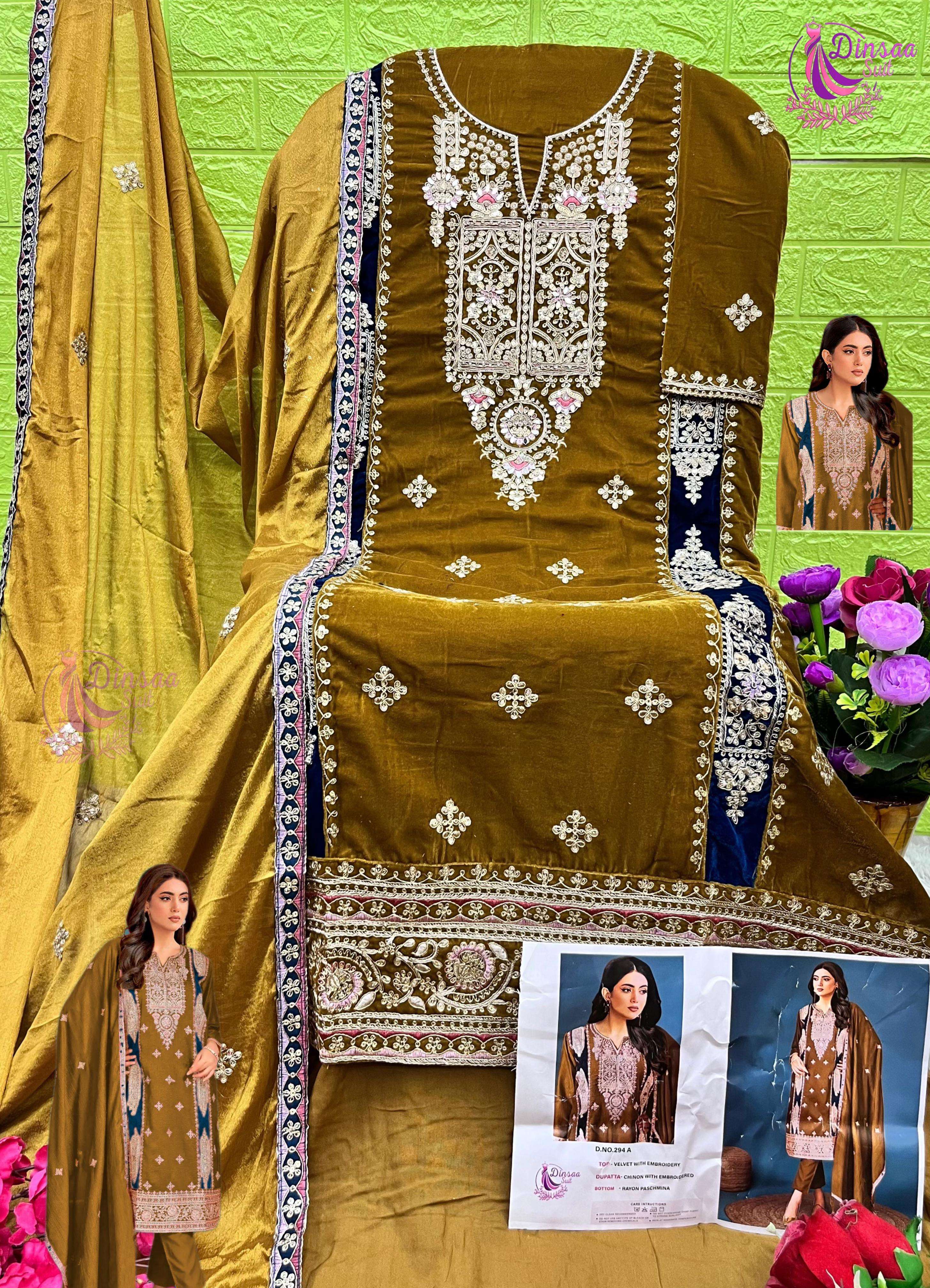 DS-294 COLOURS BY DINSAA SUIT 294-A TO 294-D SERIES VELVET HEAVY WORK PAKISTANI DRESSES