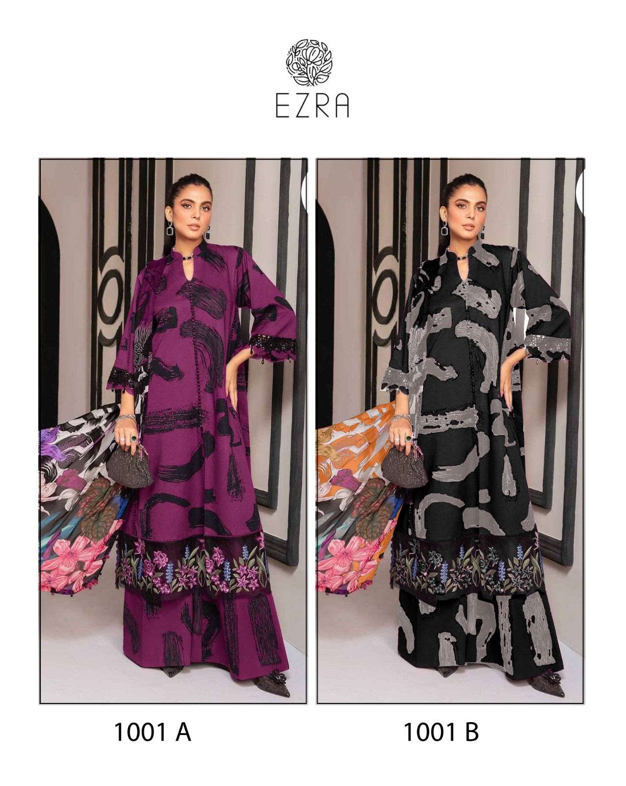 EZRA 1001 HITS BY AQSAWHOLESALE PURE COTTON PRINT WORK PAKISTANI DRESSES