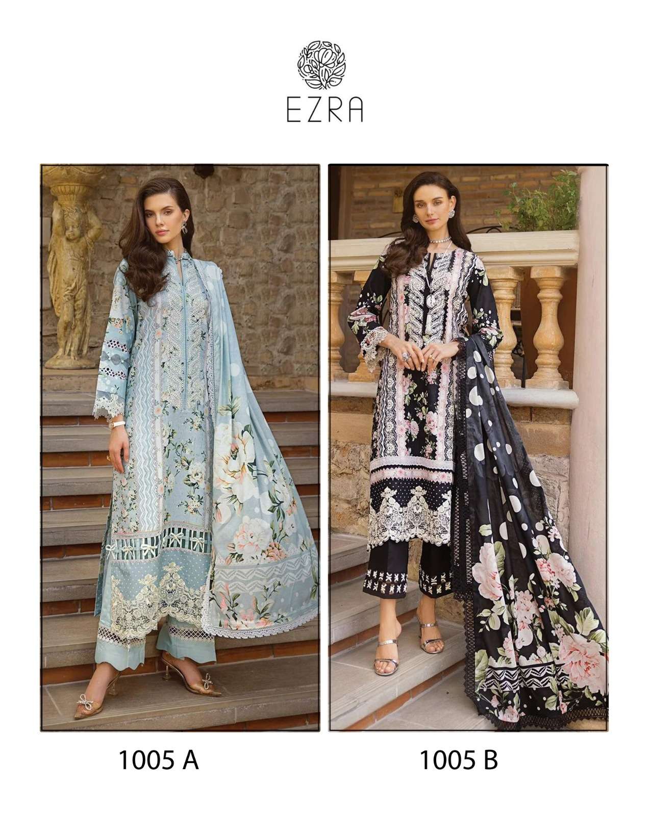 EZRA 1005 NX BY AQSAWHOLESALE PURE COTTON PRINT WORK PAKISTANI DRESSES