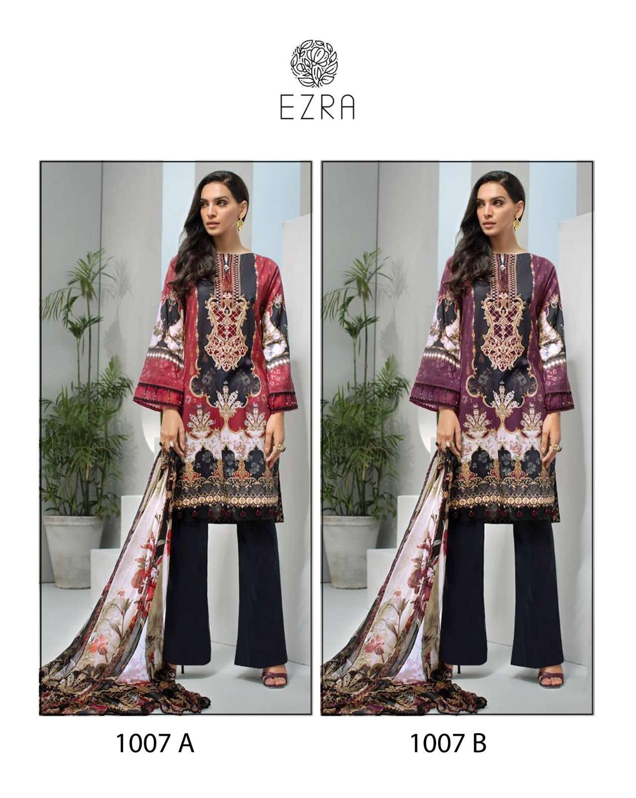 EZRA 1007 NX BY AQSAWHOLESALE PURE COTTON PRINT WORK PAKISTANI DRESSES