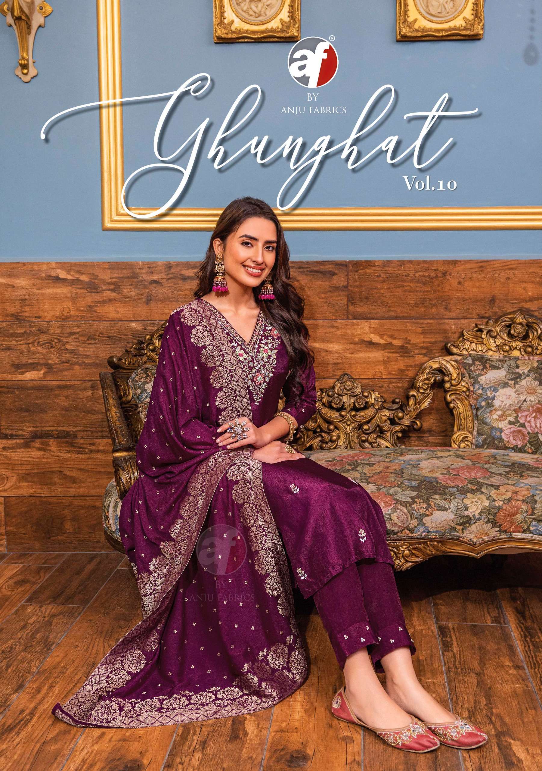 GHUNGHAT VOL-10 BY ANJU FABRICS 3531 TO 3536 SERIES DOLA SILK HANDWORK READYMADE DRESSES