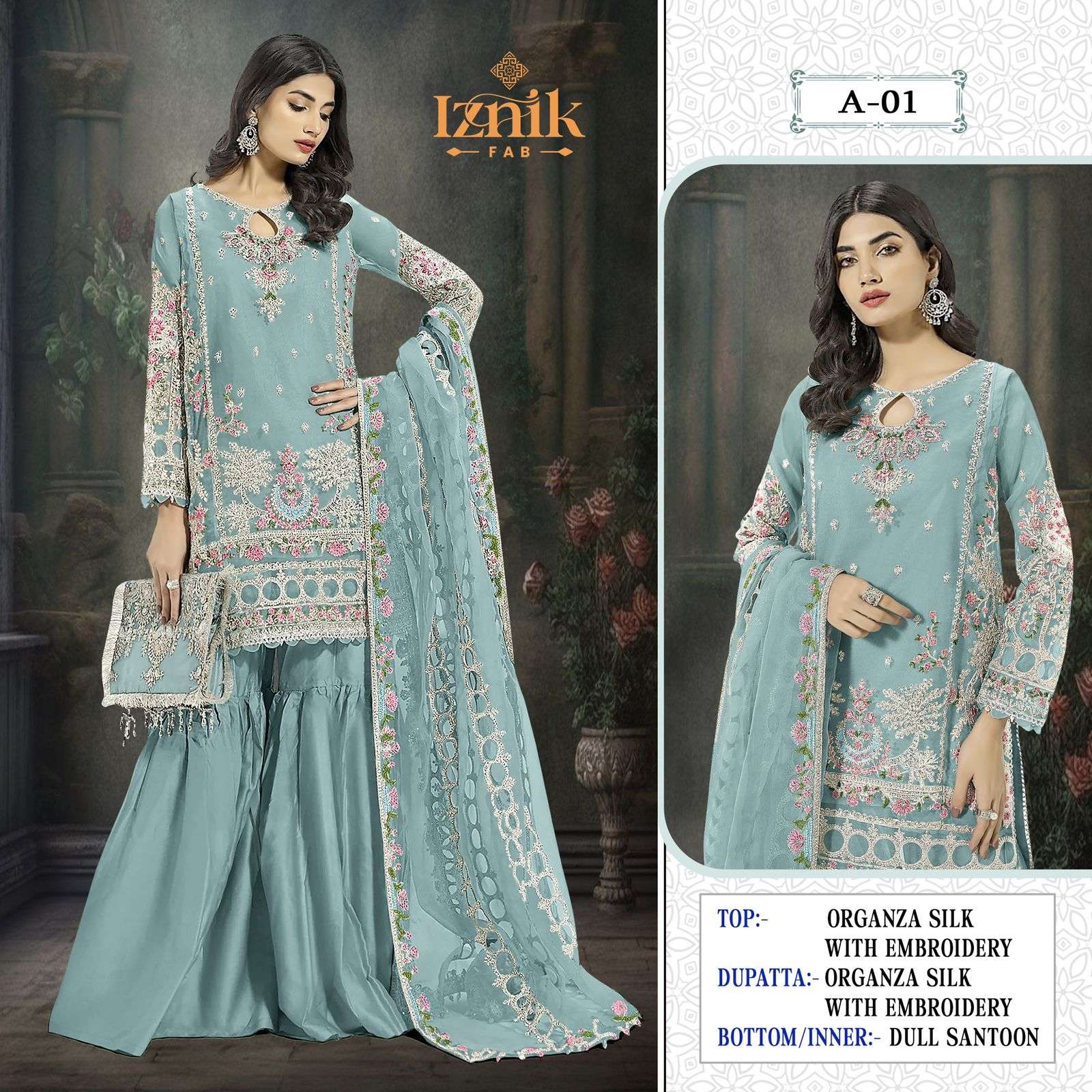 IZNIK A-01 TO A-01 D SERIES BY AQSAWHOLESALE ORGANZA EMBROIDERY WORK PAKISTANI DRESSES