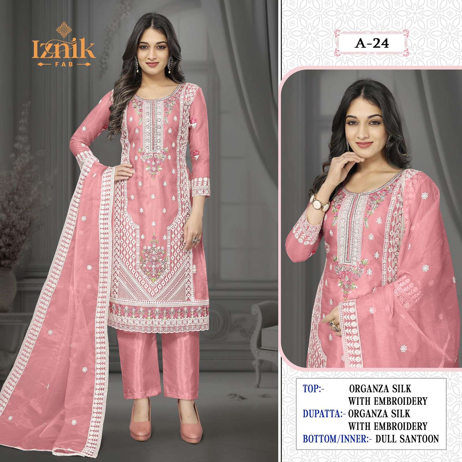 IZNIK A-24-A TO A-24-D SEREIS BY AQSAWHOLESALE ORGANZA SILK EMBROIDERY WORK DRESSES