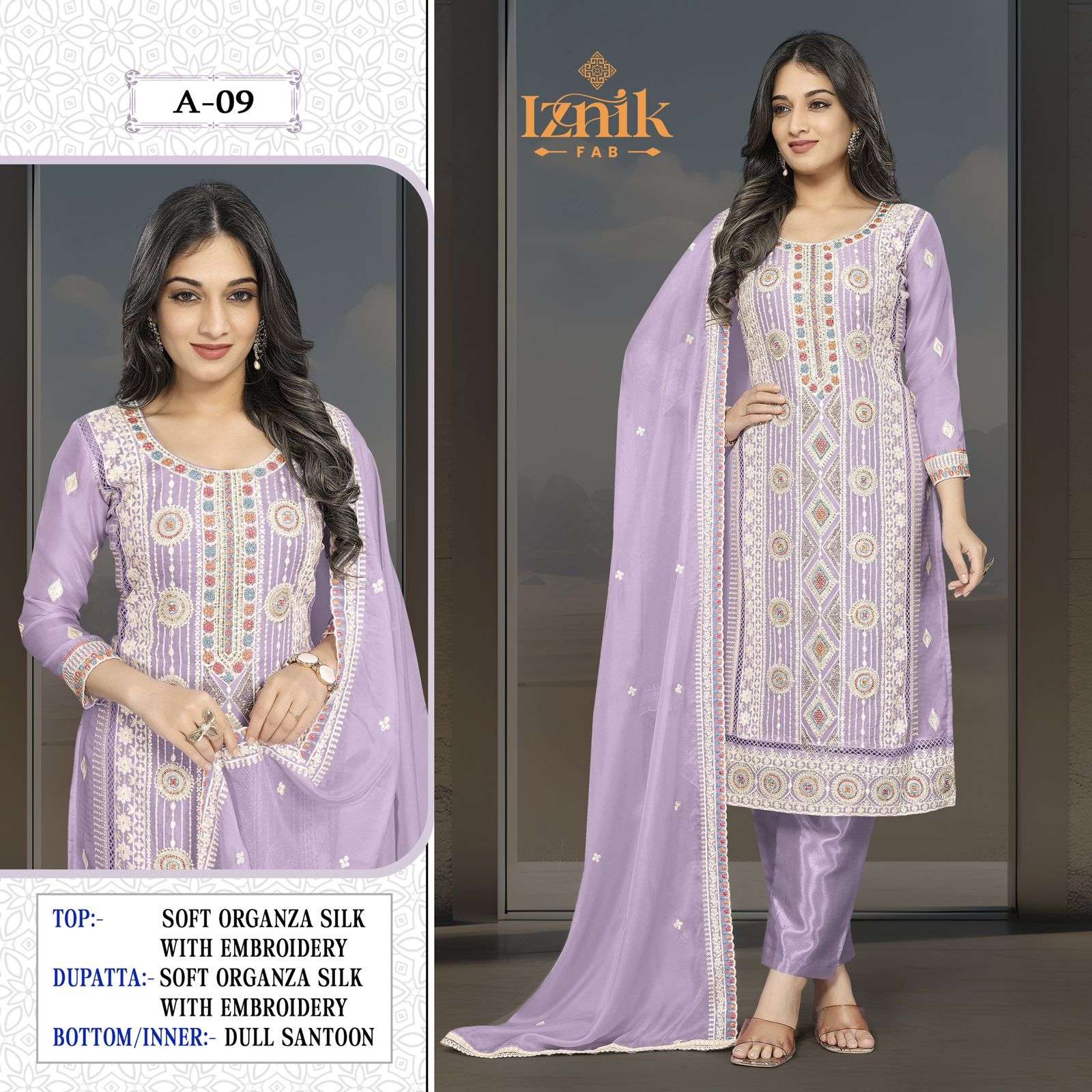 IZNIK FAB A09-A TO A09-D SERIES BY AQSAWHOLESALE ORGANZA SILK WORK PAKISTANI DRESSES