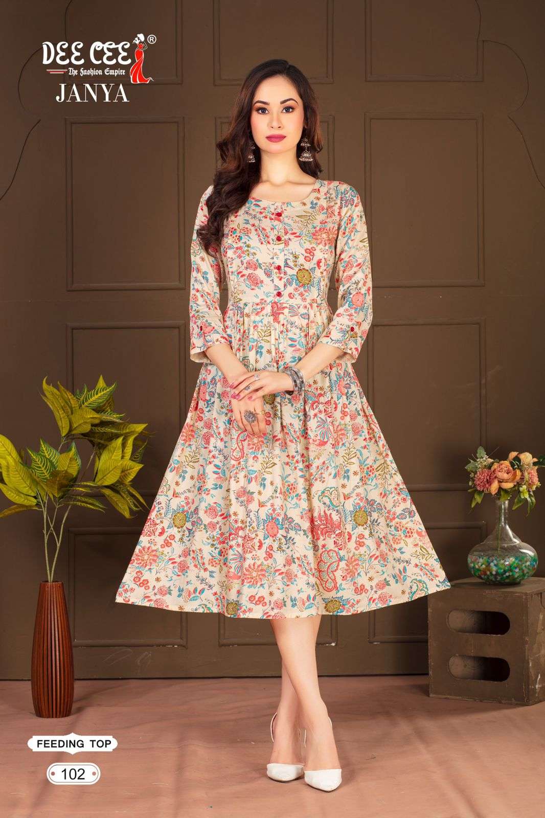 JANYA BY DEE CEE 101 TO 106 SERIES RAYON PRINT WORK KURTIS