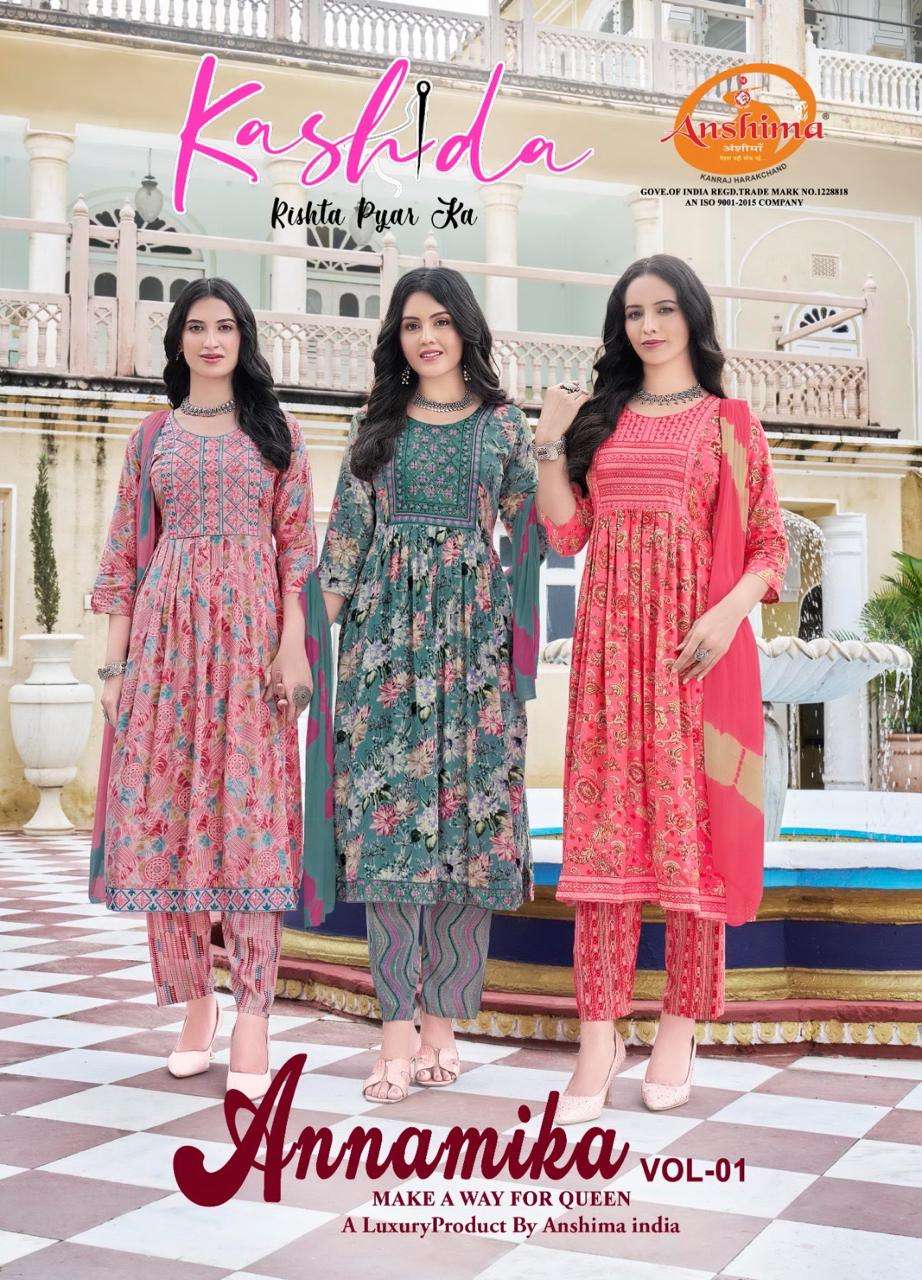 KASHIDA ANNAMIKA BY AQSAWHOLESALE RAYON PRINT WORK READYMADE DRESSES