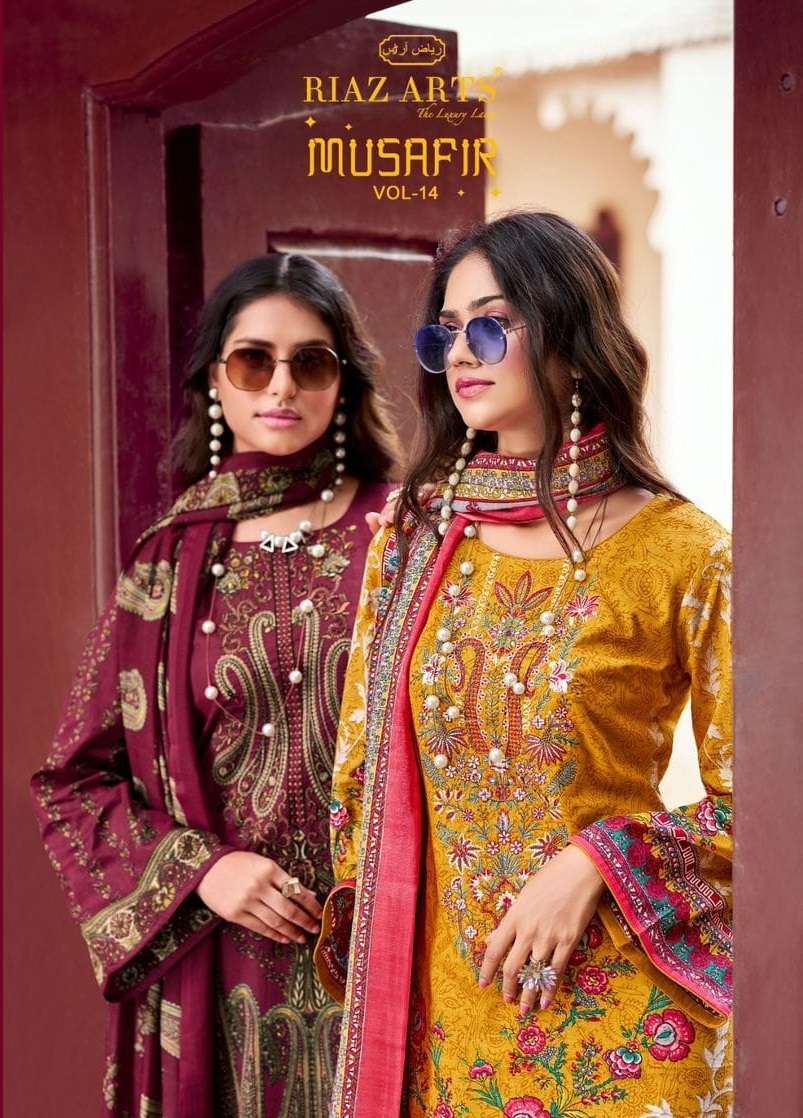 MUSAFIR VOL-14 BY RIAZ ARTS 19001 TO 19008 SERIES CAMBRIC LAWN PRINT WORK DRESSES