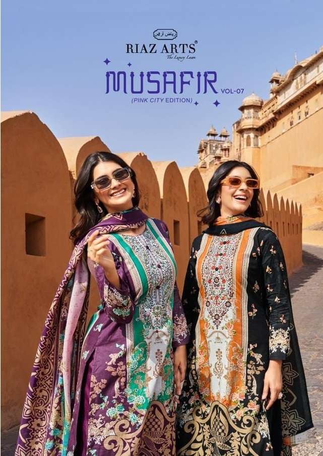 MUSAFIR VOL-7 BY RIAZ ARTS 3401 TO 3408 SERIES KARACHI LAWN PRINT WORK PAKISTANI DRESSES