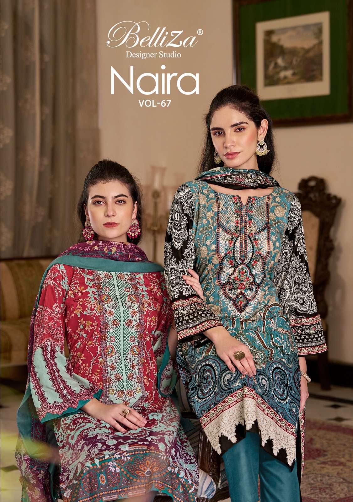 NAIRA VOL-67 BY BELLIZA 949-001 TO 949-008 SERIES PURE COTTON PRINT WORK PAKISTANI DRESSES