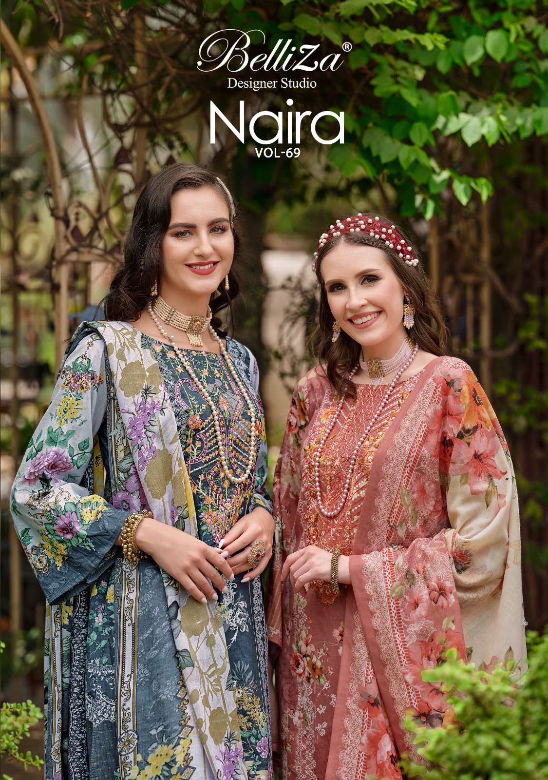 NAIRA VOL-69 BY BELLIZA 954-001 TO 954-008 SERIES PURE COTTON PRINT WORK PAKISTANI DRESSES