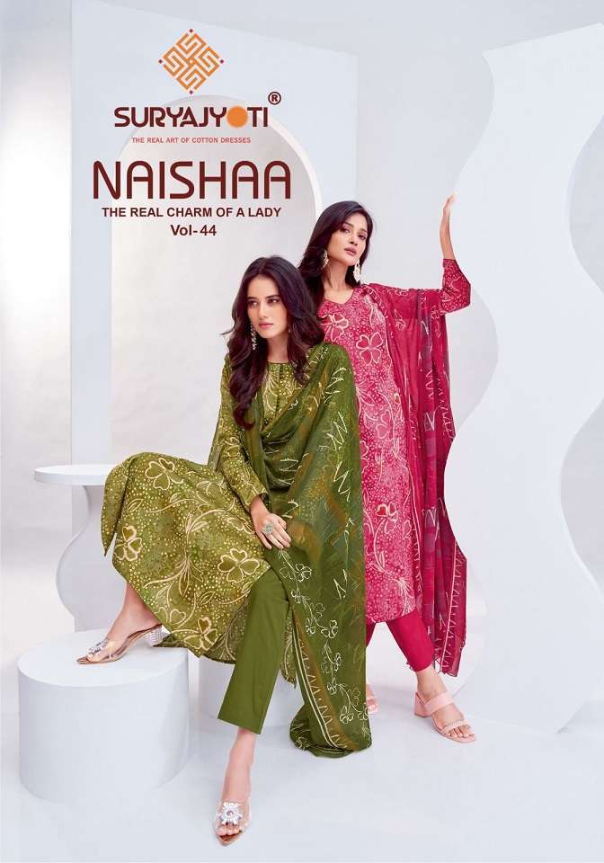 NAISHAA VOL-44 BY SURYAJYOTI 44001 TO 44010 SERIES SATIN COTTON PRINT DRESSES