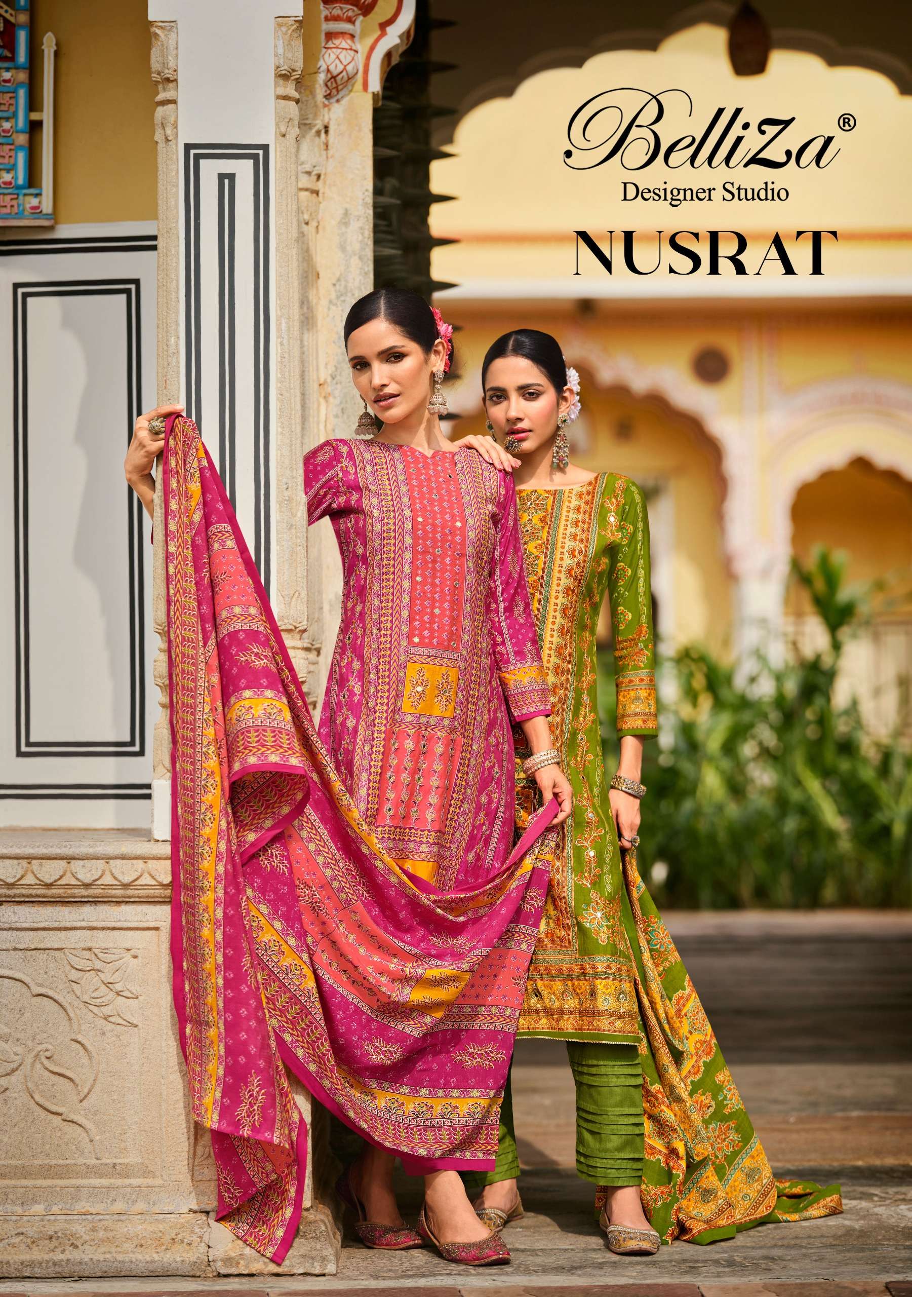 NUSRAT BY BELLIZA 957-001 TO 957-006 SERIES MODAL VISCOSE MUSLIN PRINT WORK DRESSES