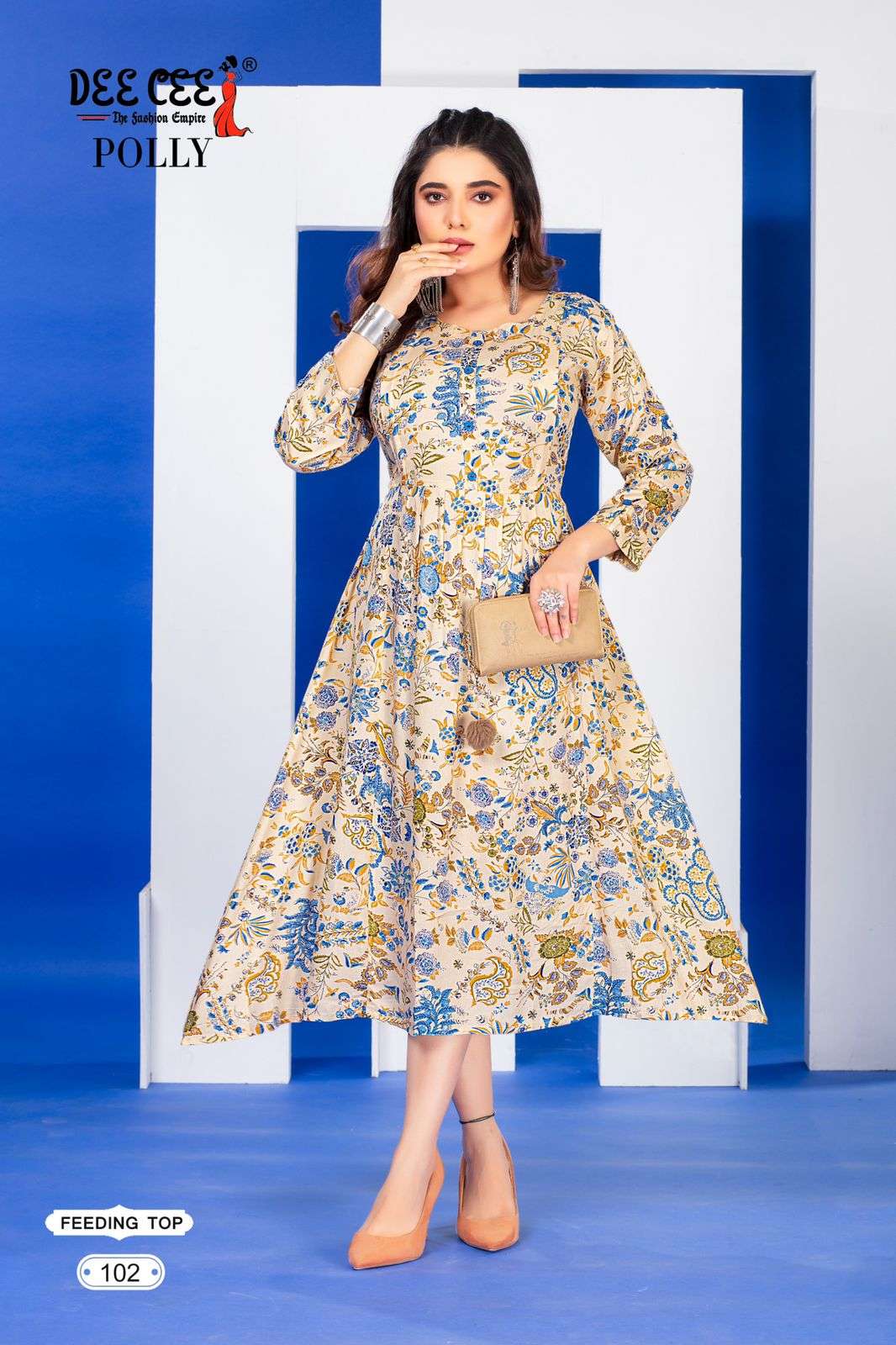 POLLY BY DEE CEE 101 TO 106 SERIES RAYON PRINT WORK KURTIS