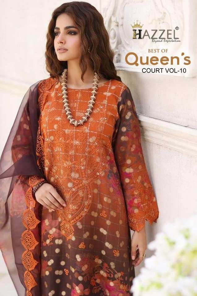 QUEENS VOL-10 BY HAZZEL 10001 TO 10004 SERIES COTTON PRINT WORK PAKISTANI DRESSES