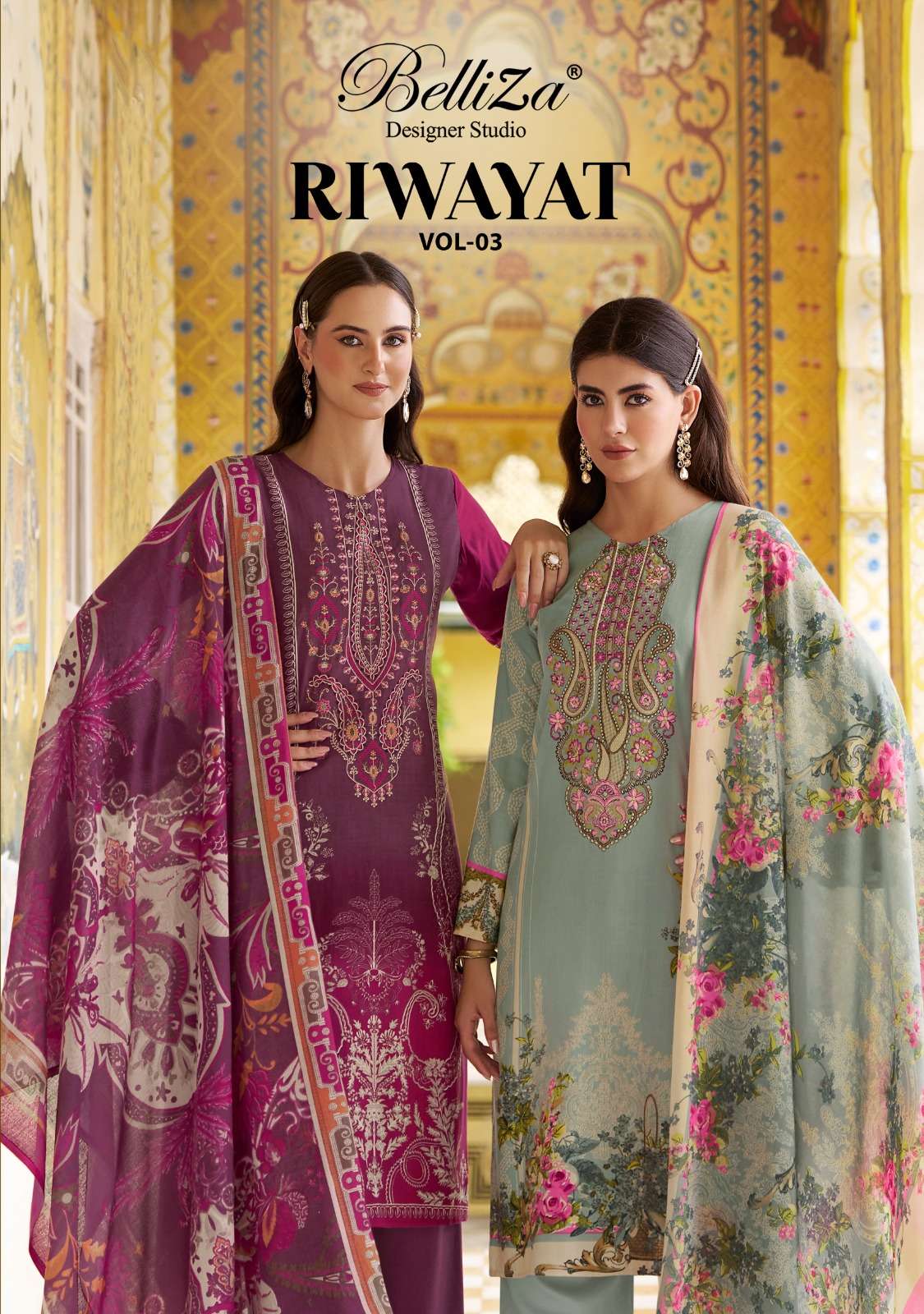 RIWAYAT VOL-3 BY BELLIZA 956-001 TO 956-008 SERIES VISCOSE RAYON PRINT WORK DRESSES