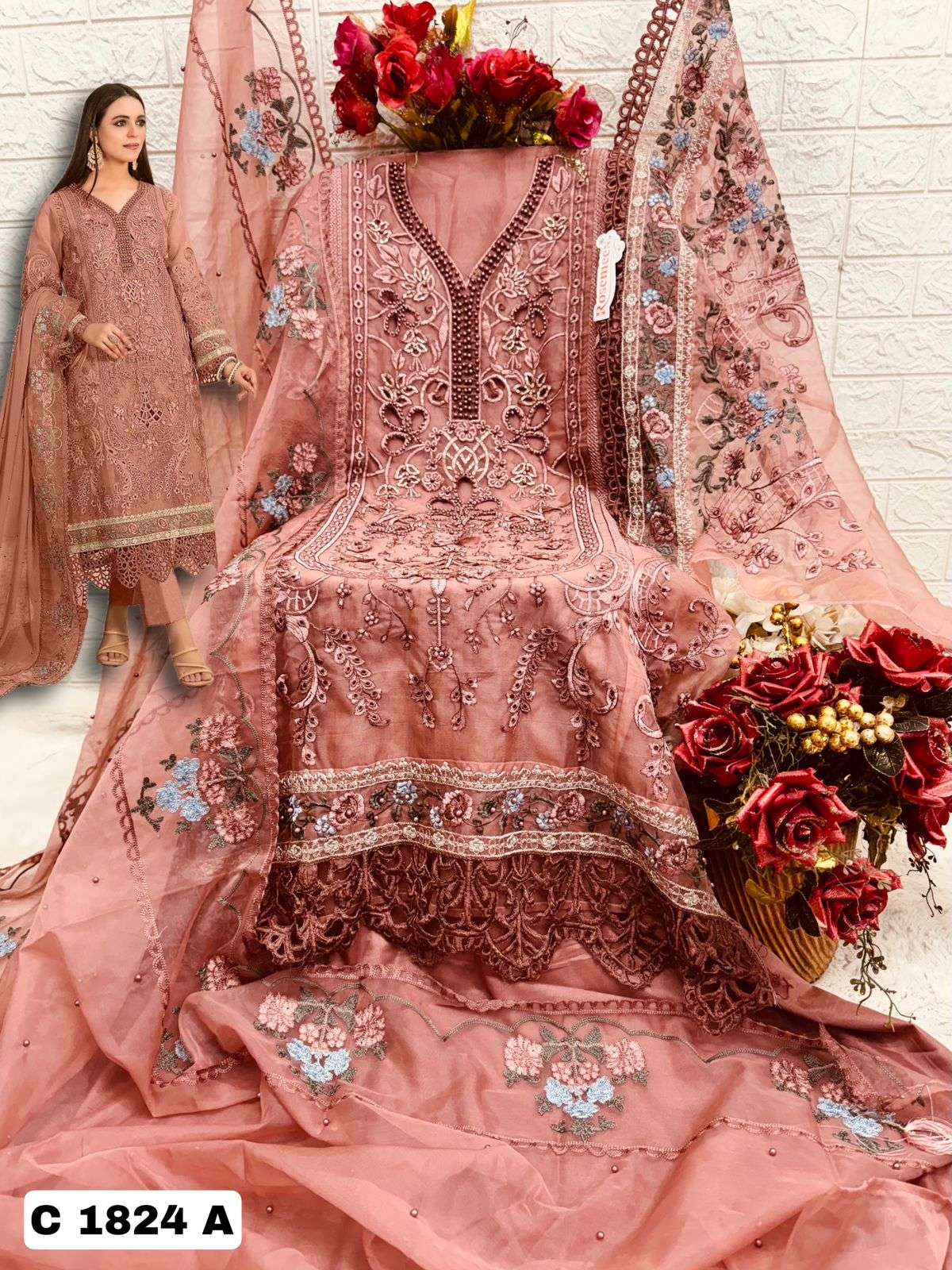 ROSEMEEN 1824-A TO 1824-D SERIES BY FEPIC ORGANZA EMBROIDERY WORK PAKISTANI DRESSES