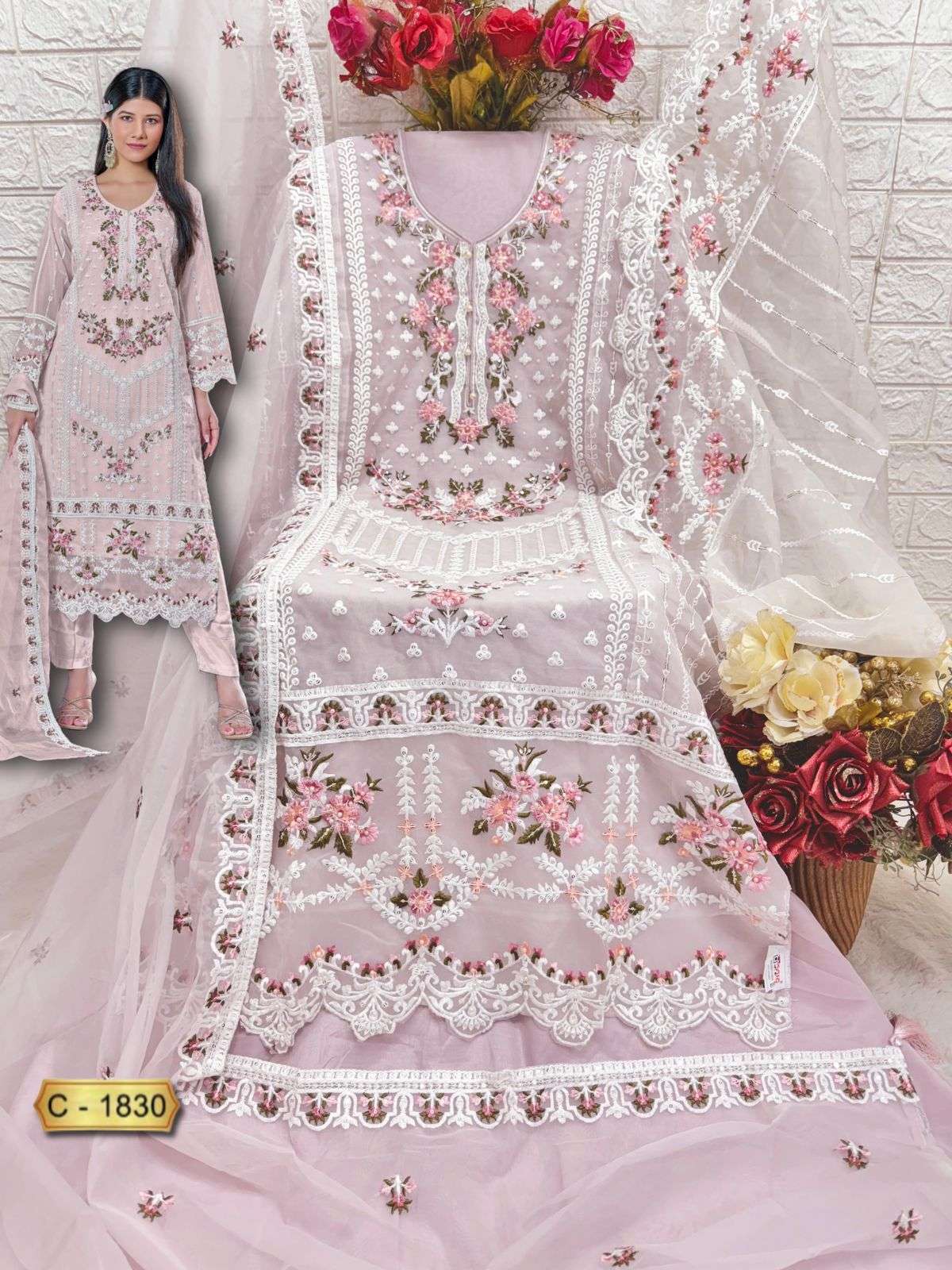 ROSEMEEN 1830-A TO 1830-C SERIES BY FEPIC ORGANZA HEAVY WORK PAKISTANI DRESSES