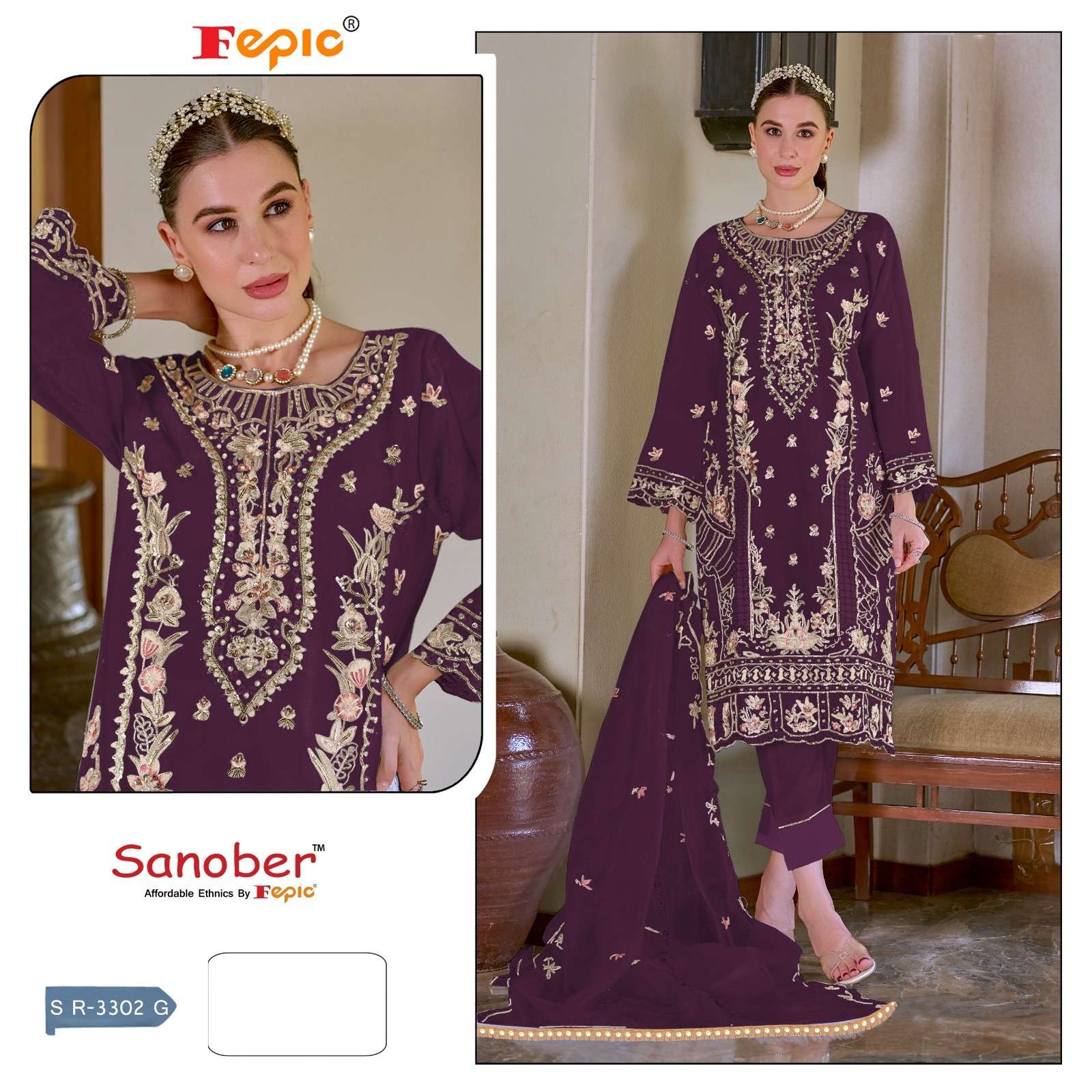 SANOBER 3302-E TO 3302-G SERIES BY FEPIC ORGANZA EMBROIDERY WORK READYMADE DRESSES