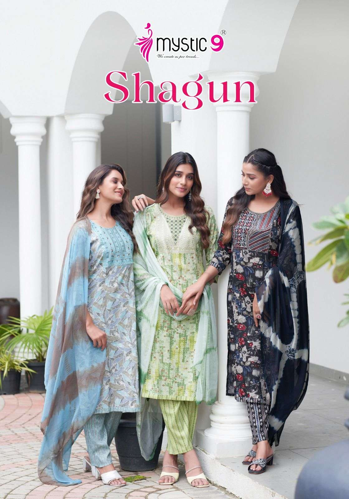 SHAGUN VOL-7 BY MYSTIC9 7001 TO 7008 SERIES RAYON PRINT WORK READYMADE DRESSES