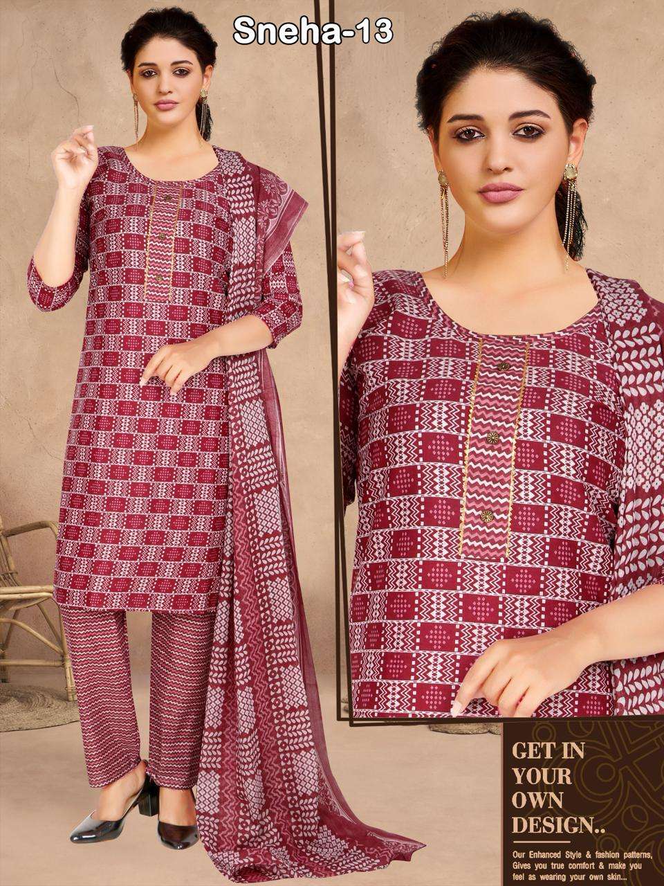 SNEHA BY AQSAWHOLESALE COTTON TWO PRINT WORK READYMADE DRESSES