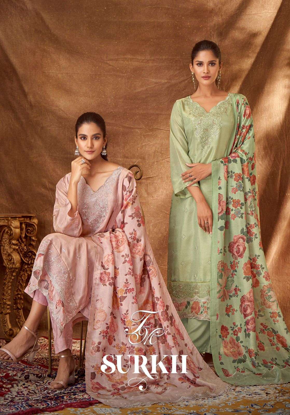 SURKH BY T&M 3560 TO 3580 SERIES SIMMER TISSUE EMBROIDERY WORK DRESSES