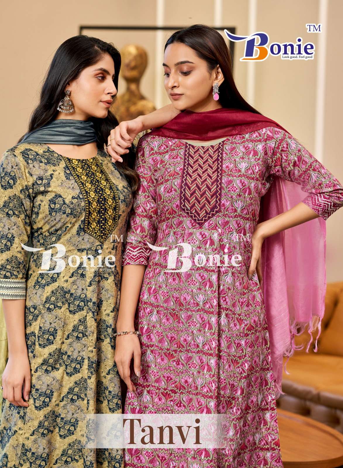 TANVI BY BONIE 1001 TO 1007 SERIES RAYON PRINT WORK READYMADE DRESSES