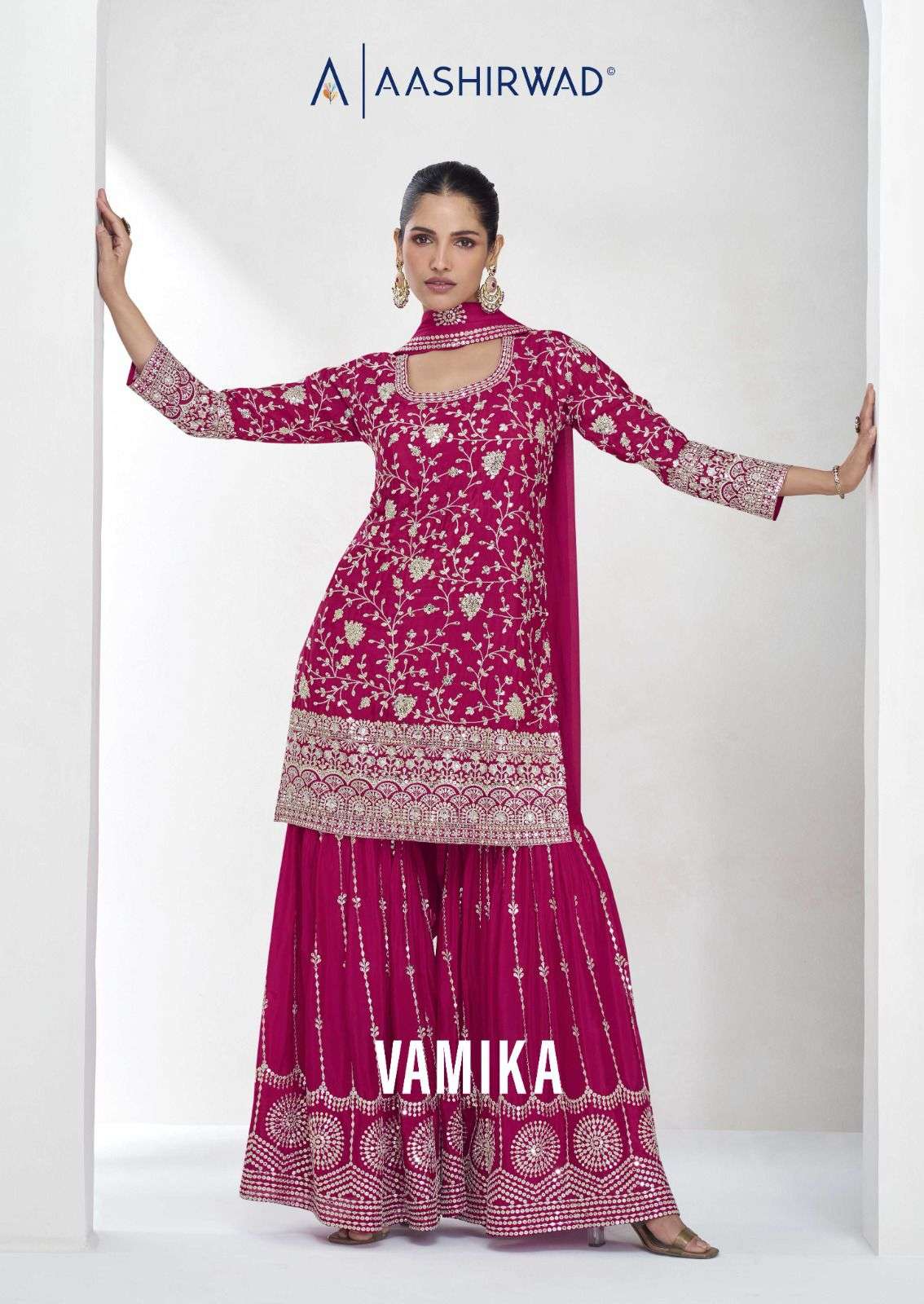 VAMIKA BY AASHIRWAD CREATION 10038 TO 10040 SERIES CHINON SILK WORK READYMADE DRESSES